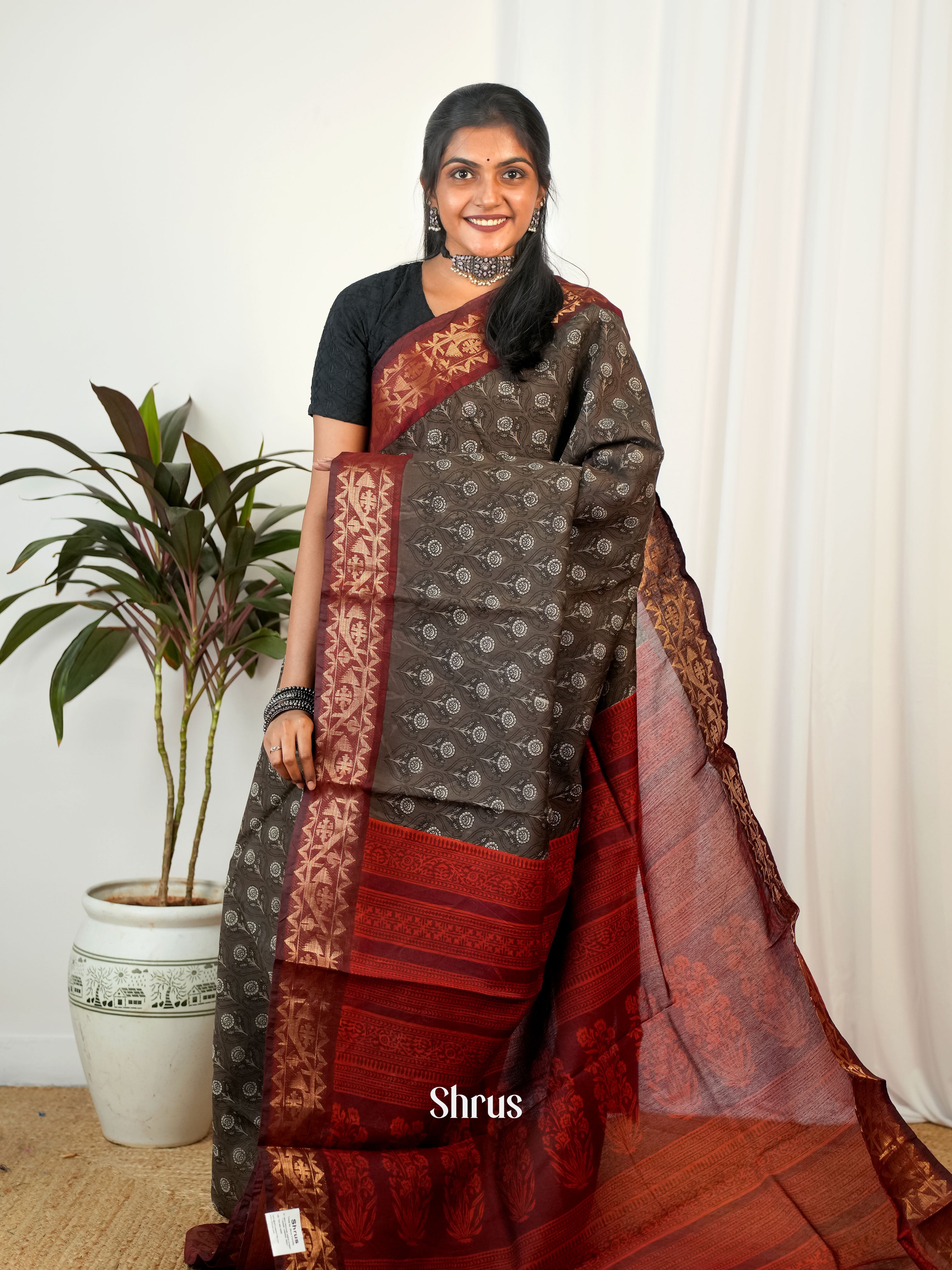 Grey & Maroon- Semi Chanderi Saree - Shop on Shrus.com