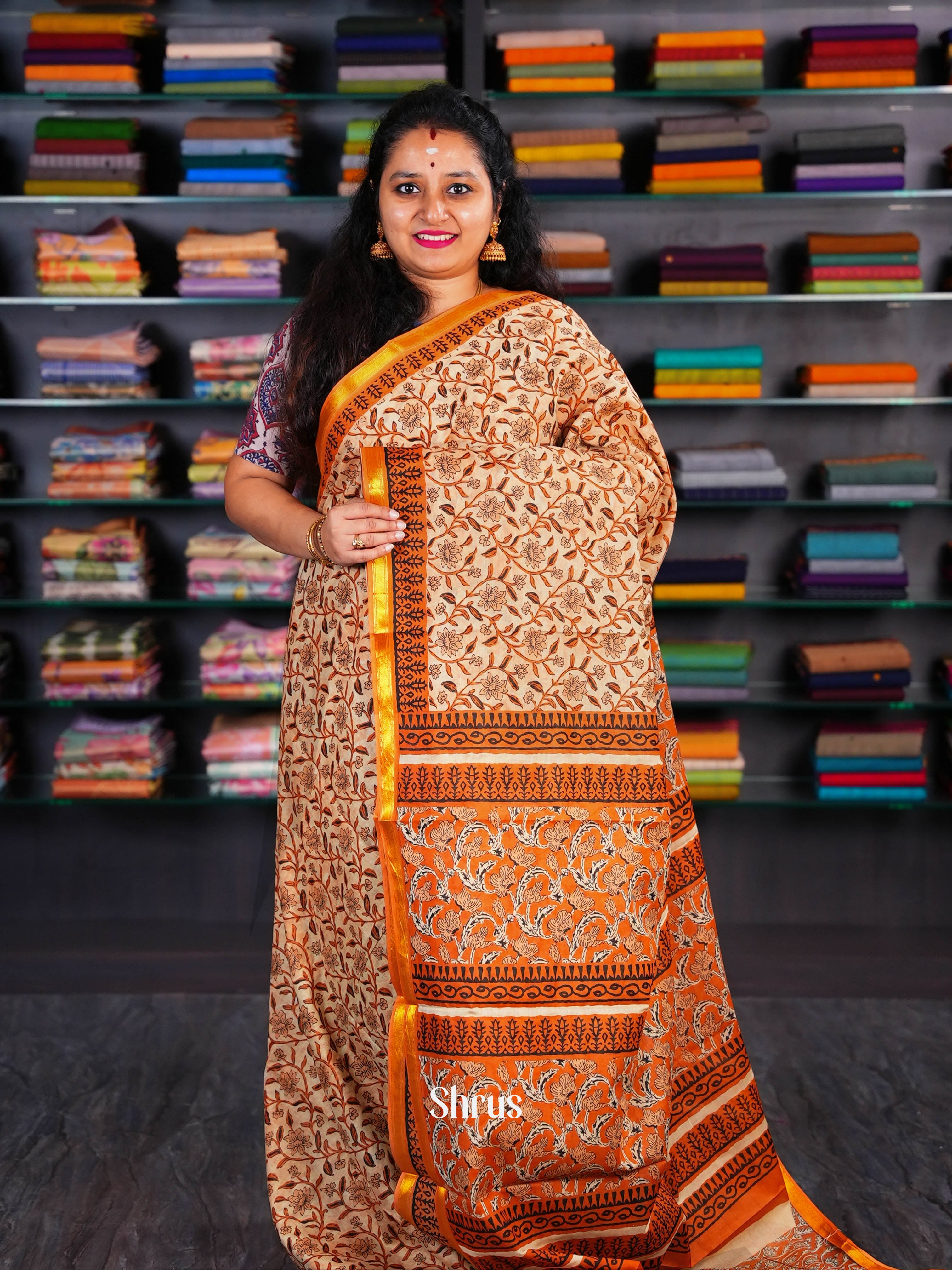 Peachy Orange - Semi Chanderi Saree - Shop on Shrus.com
