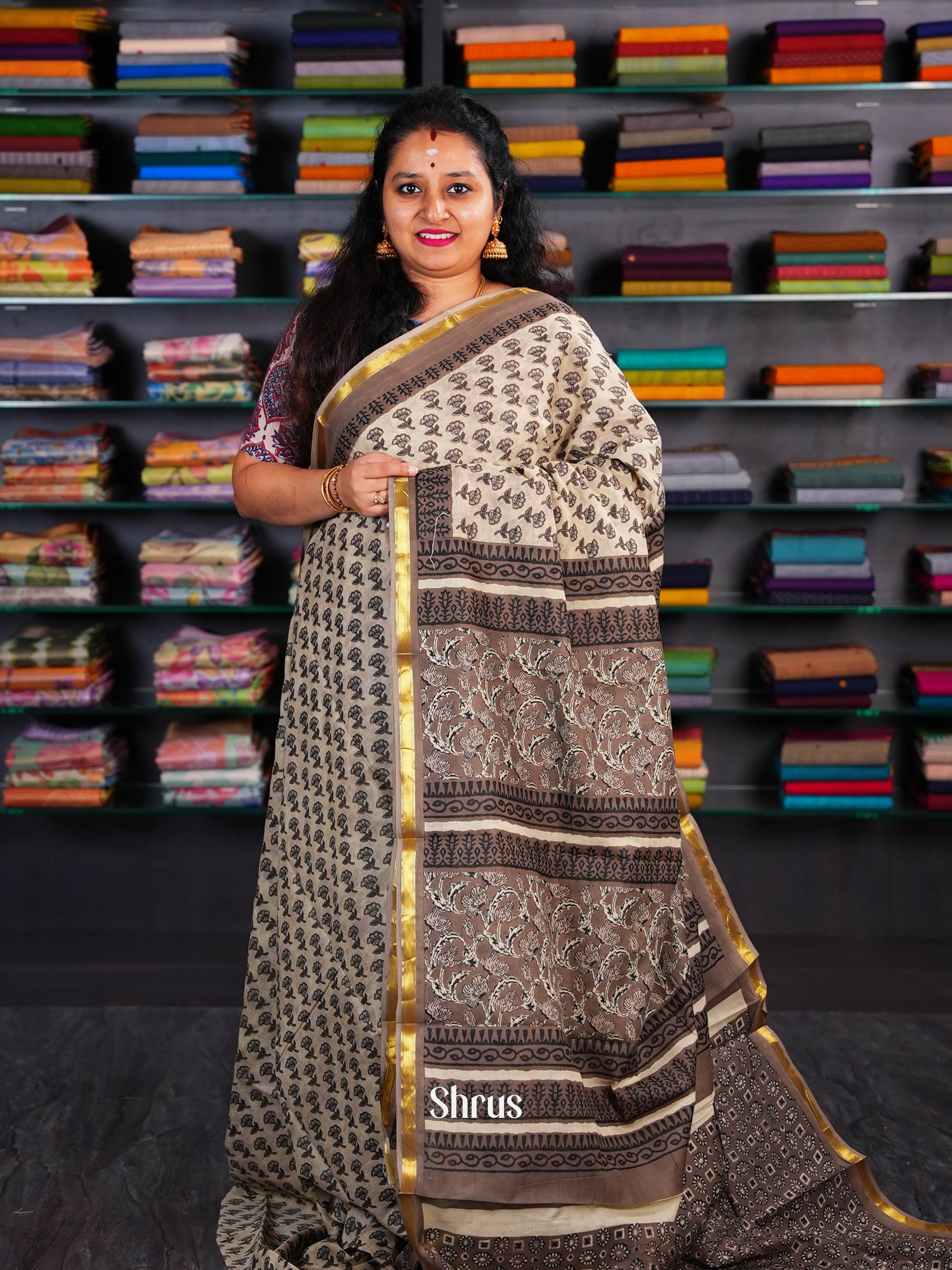 Cream & Chocolate Brown - Semi Chanderi Saree - Shop on Shrus.com