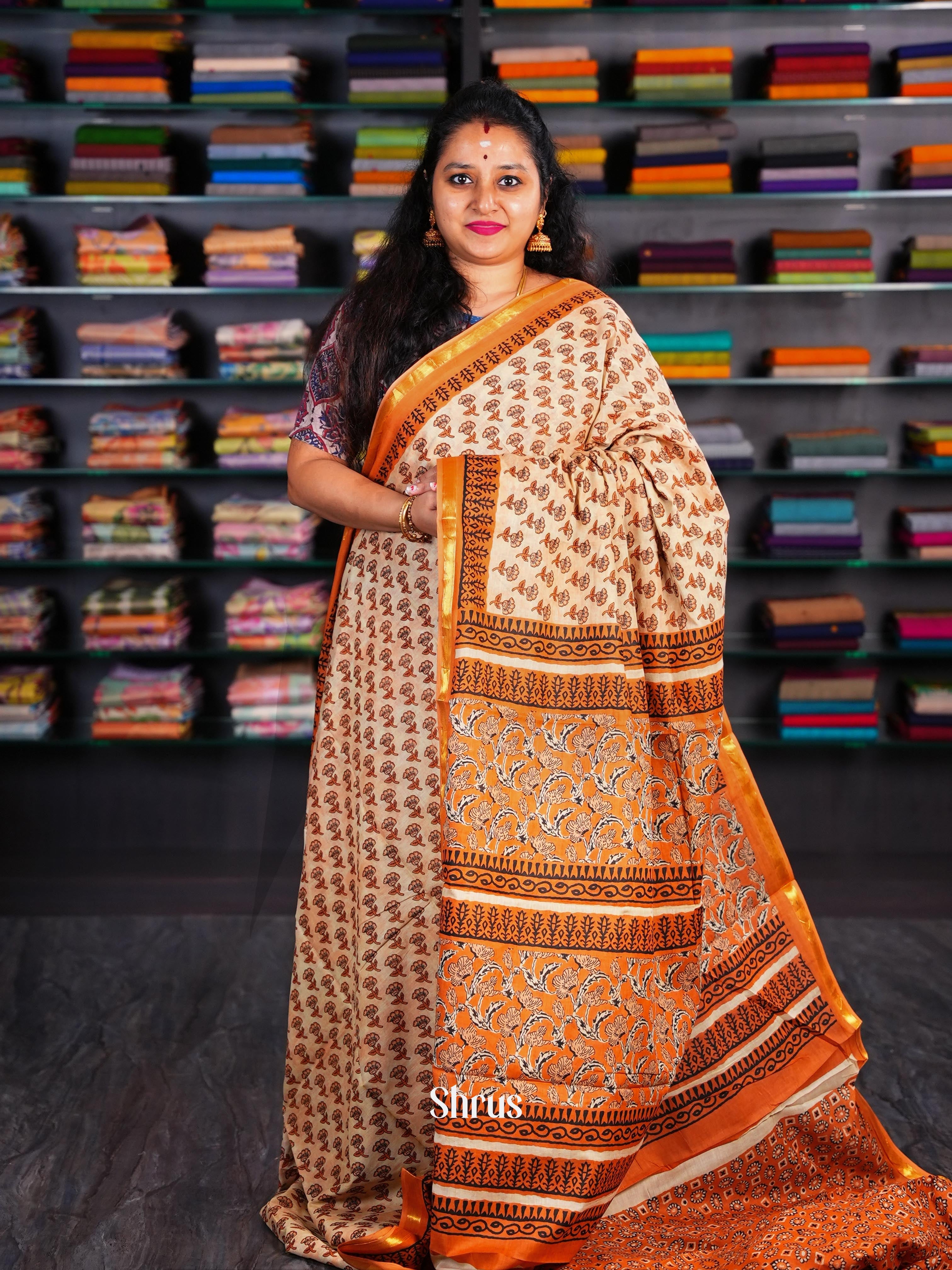 cream & Orange - Semi Chanderi Saree - Shop on Shrus.com