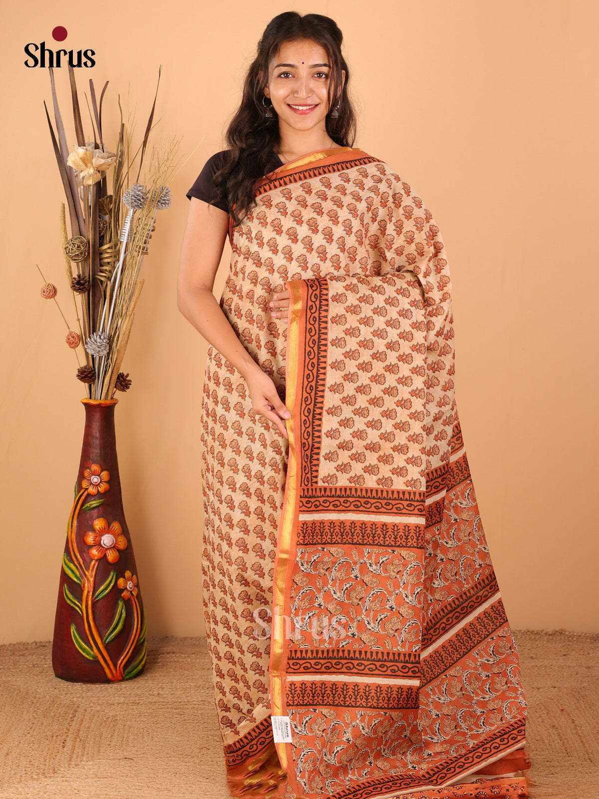 Orange with peach - Semi Chanderi - CIS06115 - Shop on Shrus.com