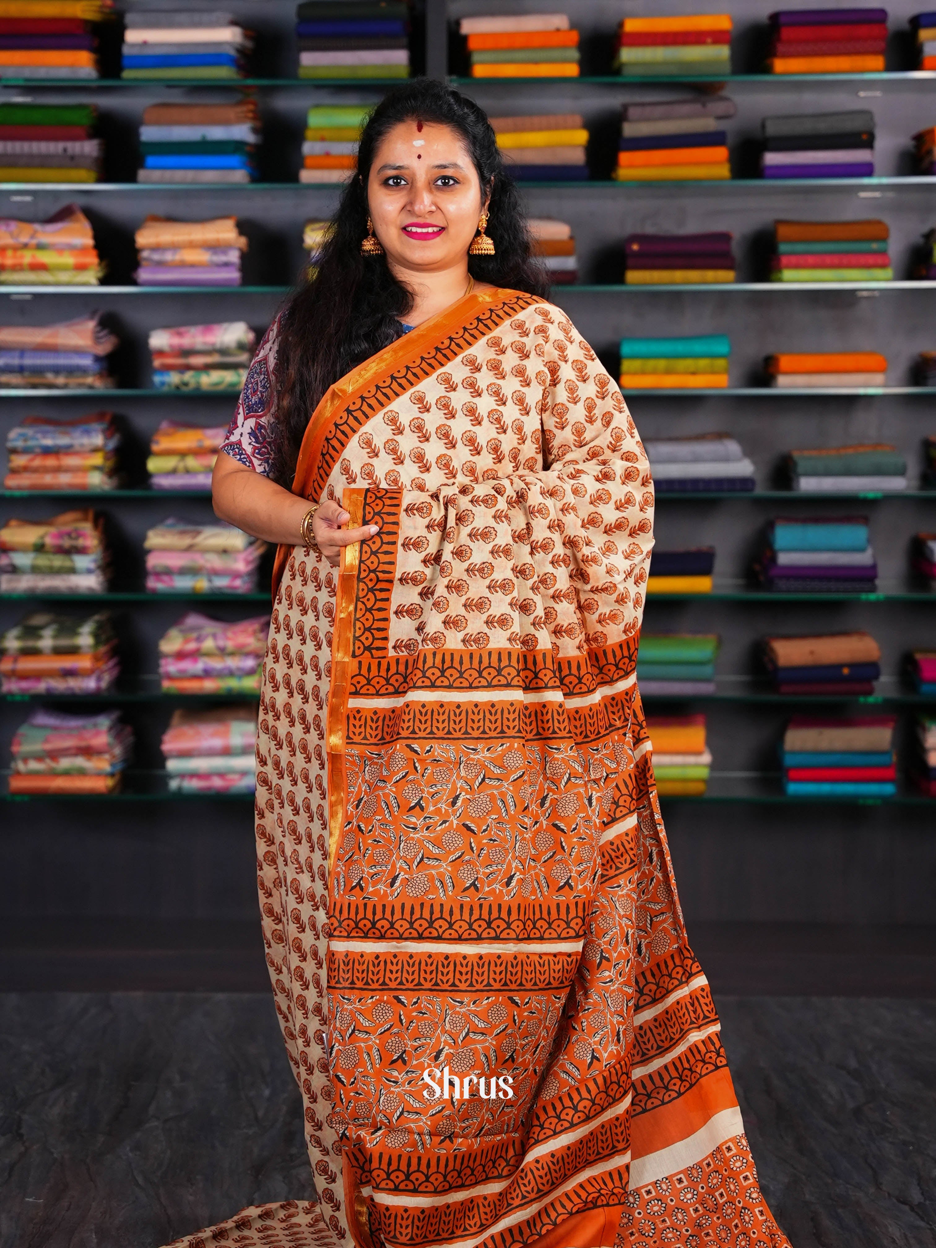 Creamy Orange - Semi Chanderi Saree - Shop on Shrus.com