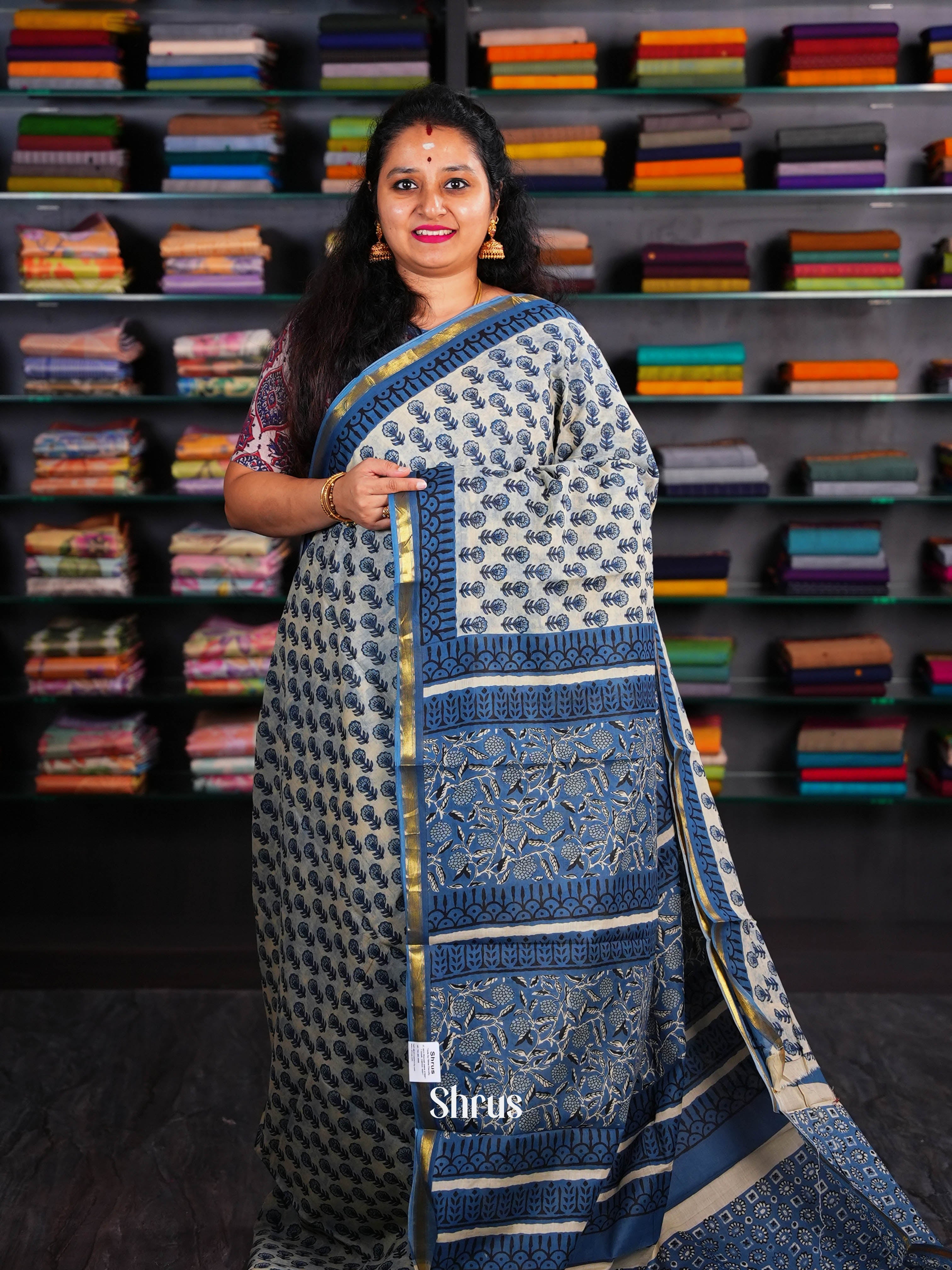 Cream & Blue - Semi Chanderi Saree - Shop on Shrus.com