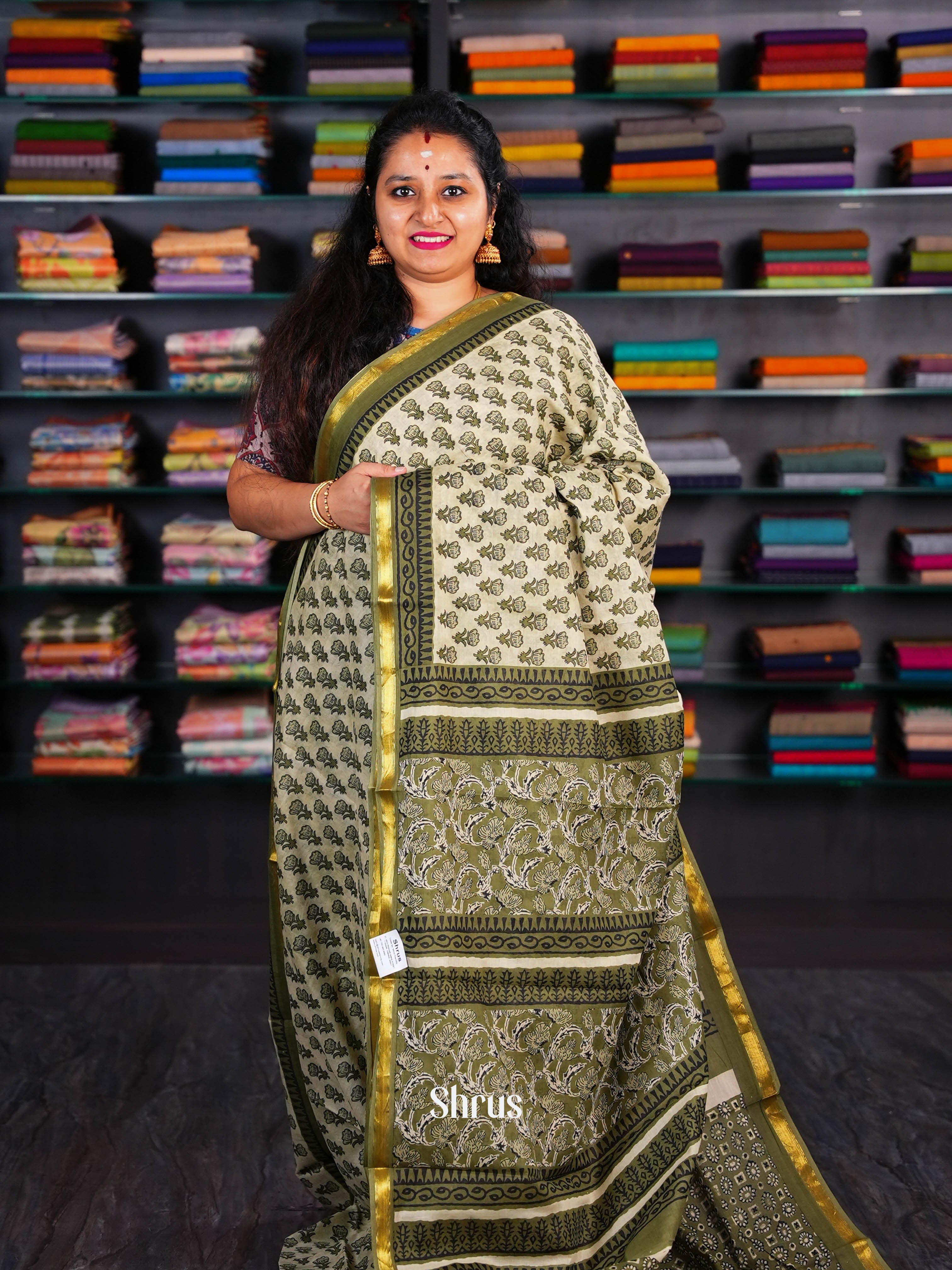 Creamy Green - Semi Chanderi Saree - Shop on Shrus.com