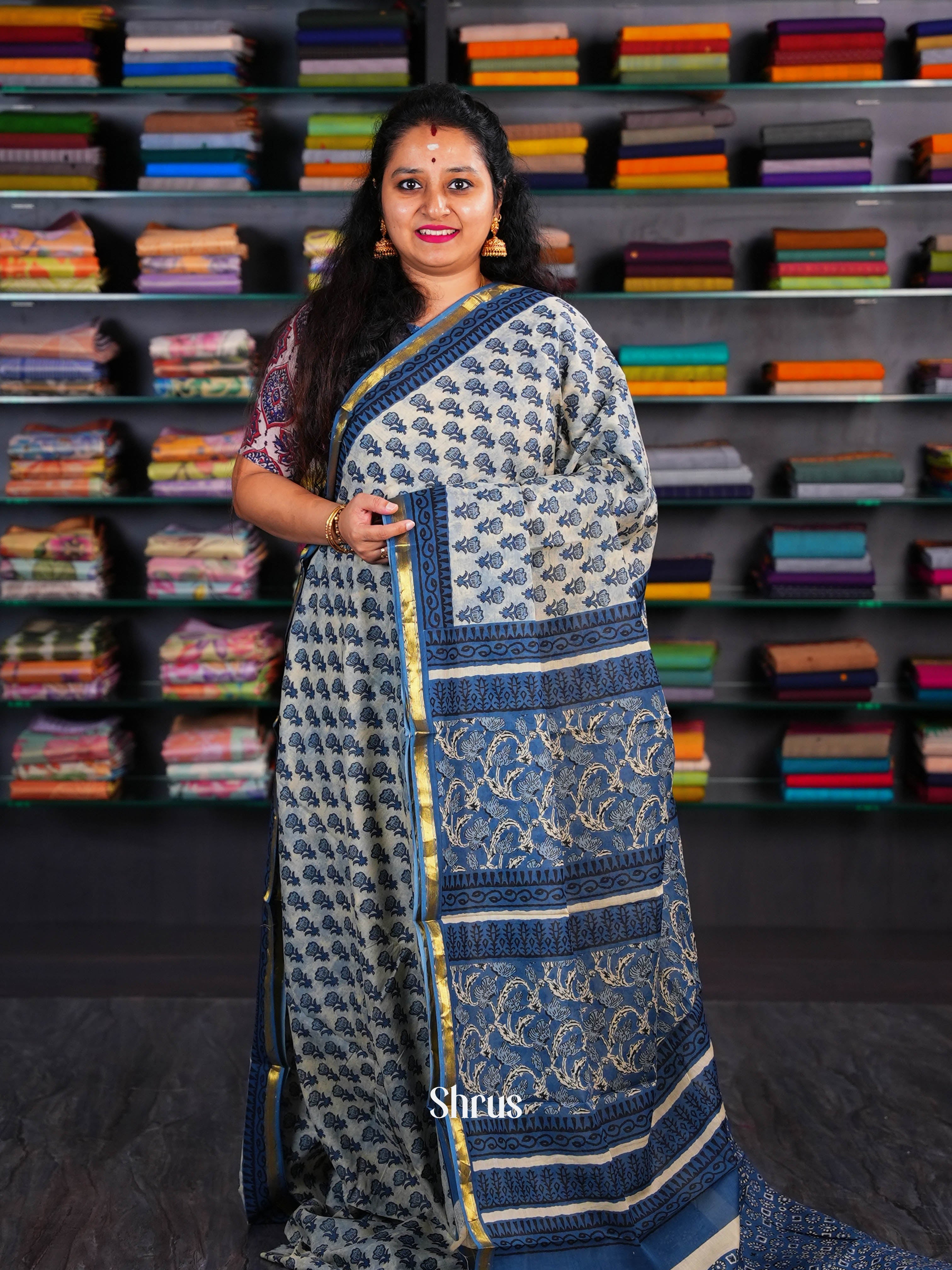 Cream & Blue - Semi Chanderi Saree - Shop on Shrus.com