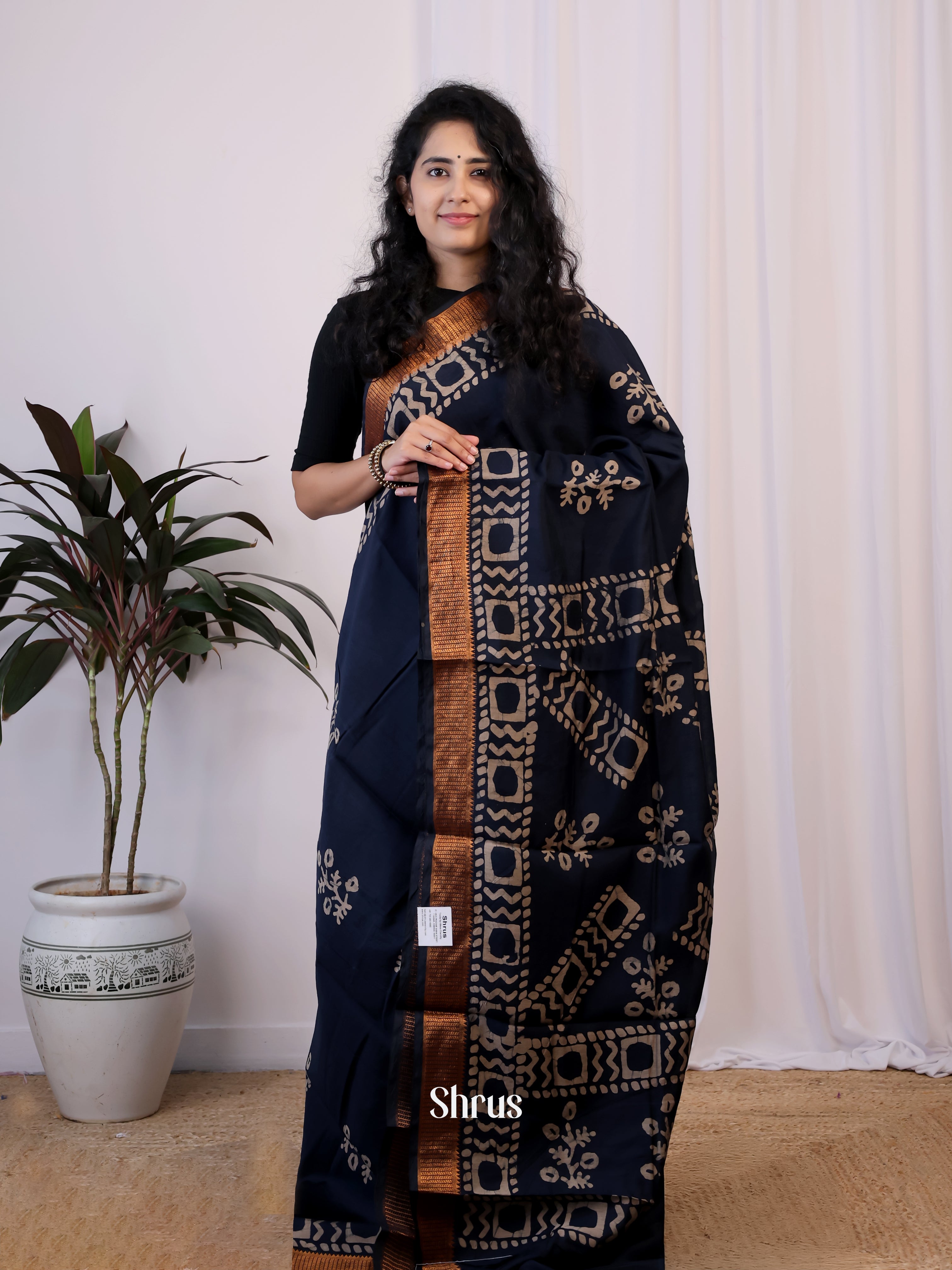 Blue - Semi Chanderi Saree - Shop on Shrus.com