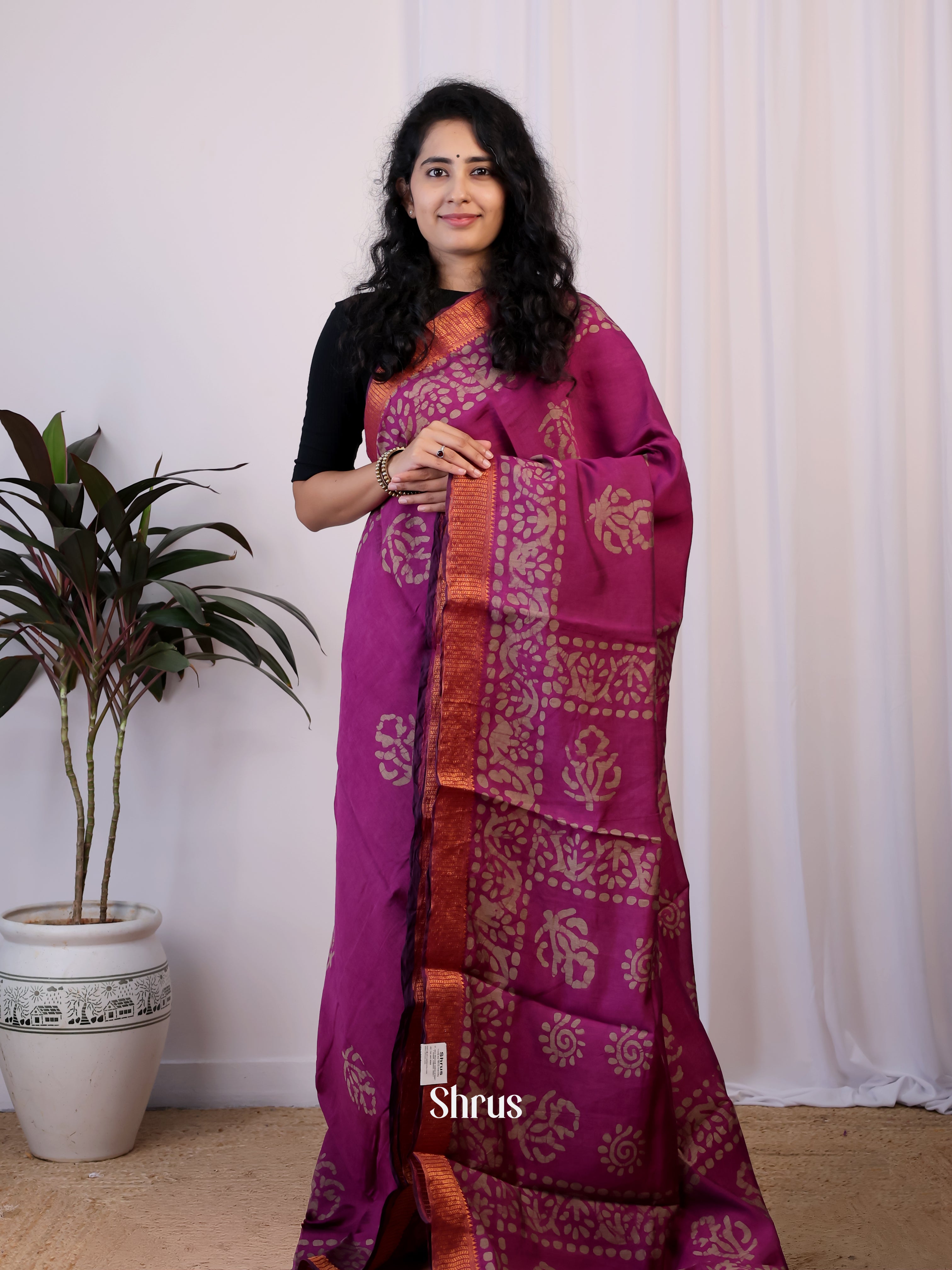 Purple - Semi Chanderi Saree - Shop on Shrus.com