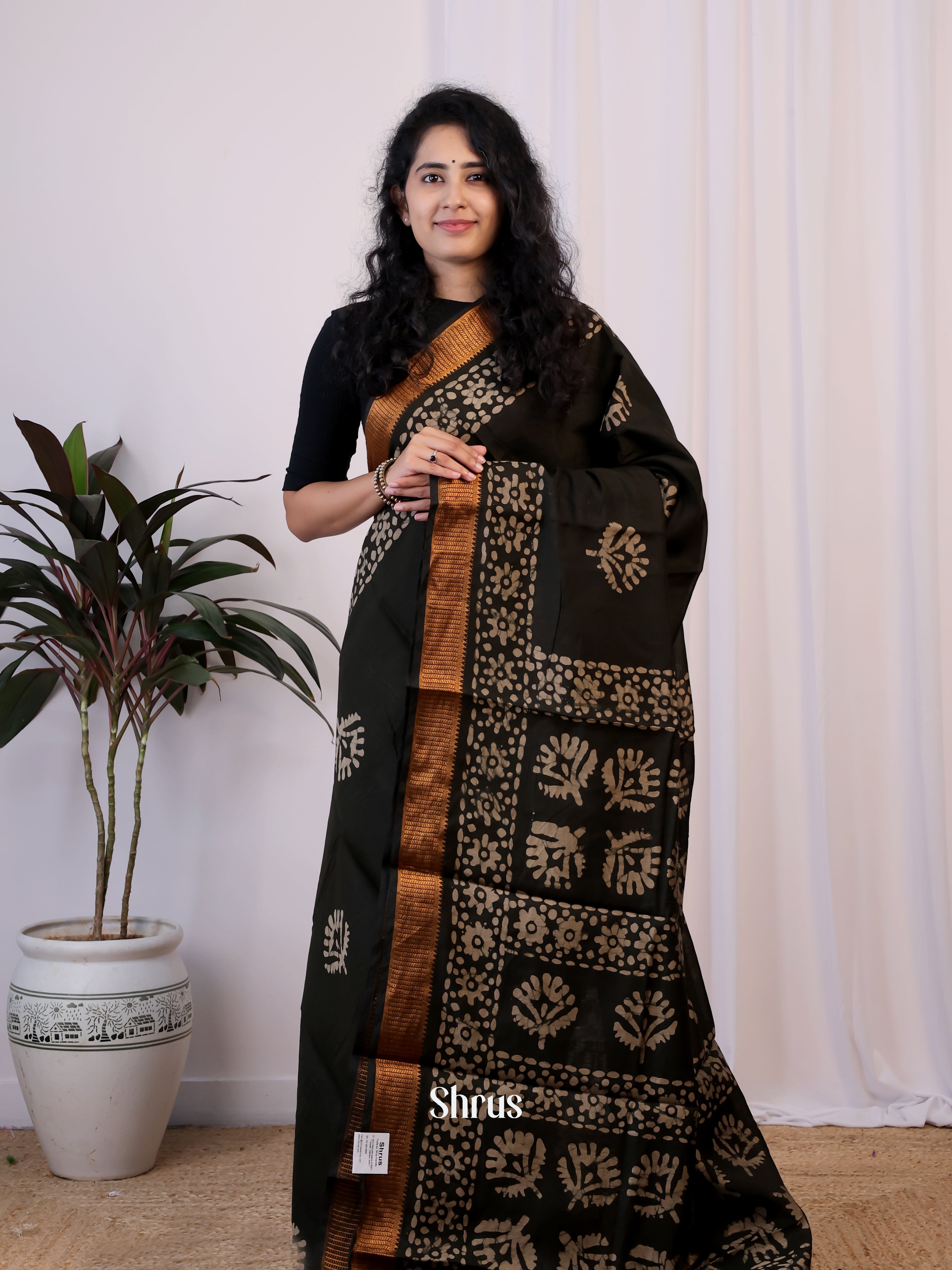 Black - Semi Chanderi Saree - Shop on Shrus.com