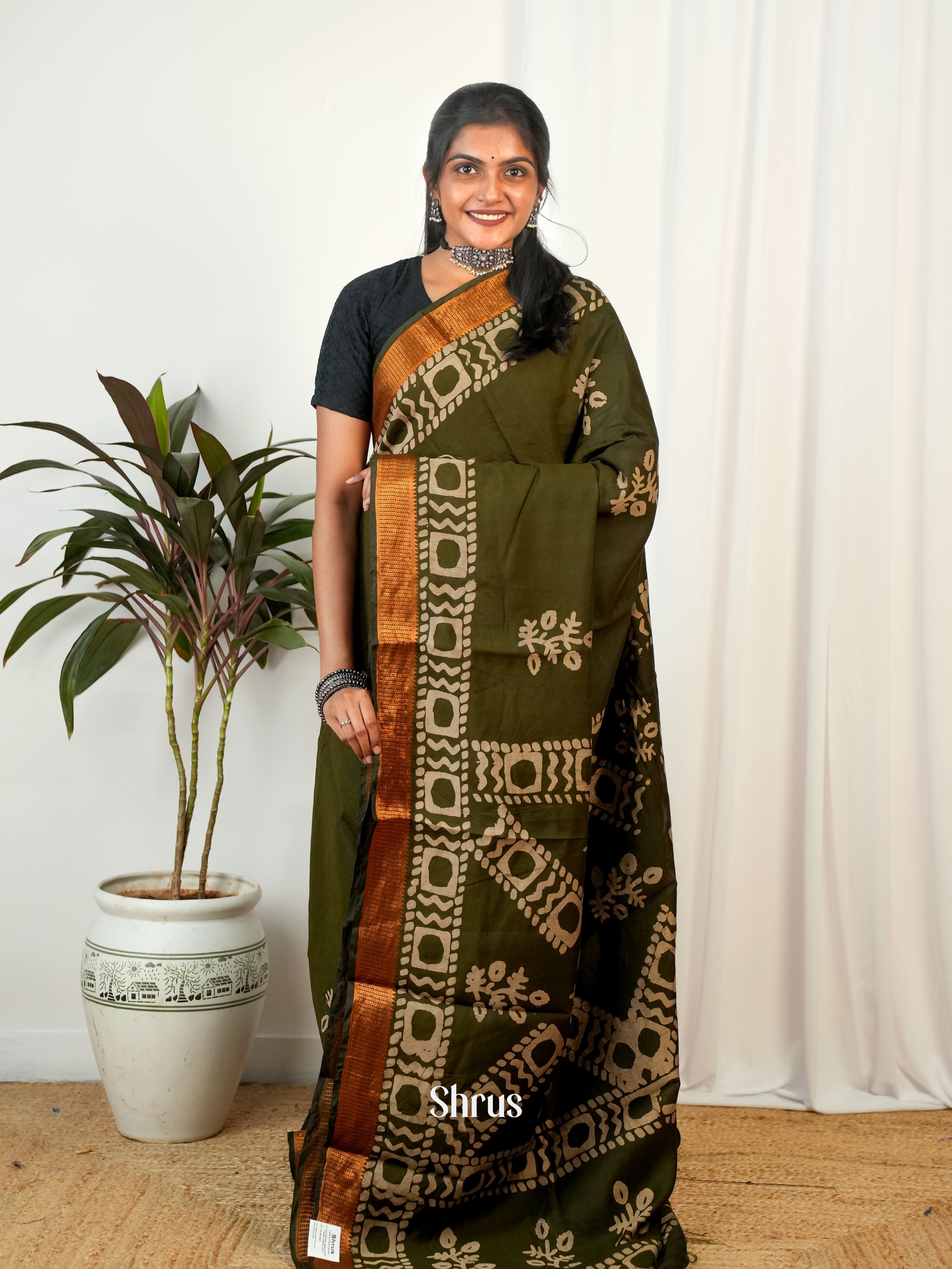 Green - Semi Chanderi Saree - Shop on Shrus.com