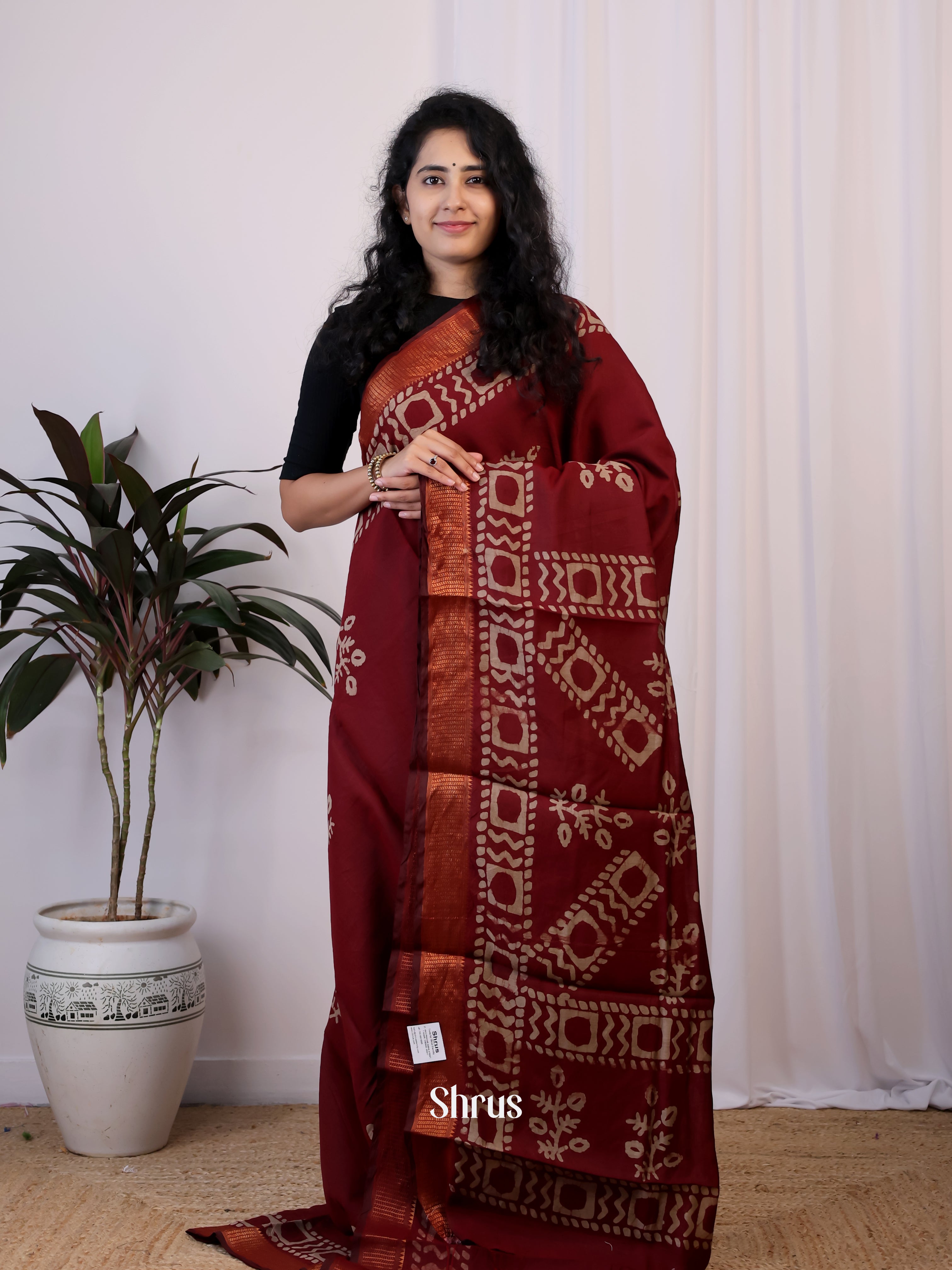 Maroon - Semi Chanderi Saree - Shop on Shrus.com