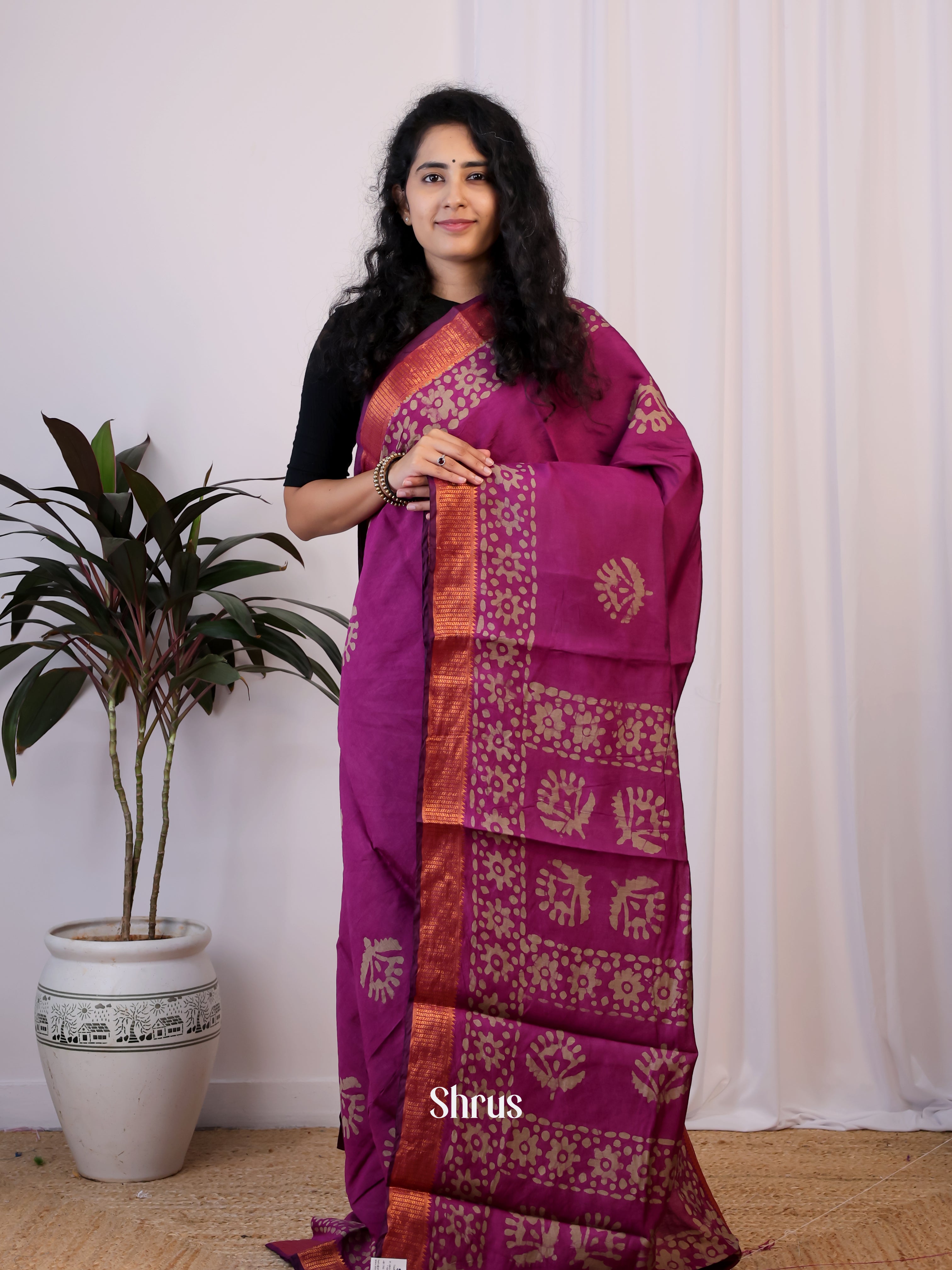 Purple - Semi Chanderi Saree - Shop on Shrus.com