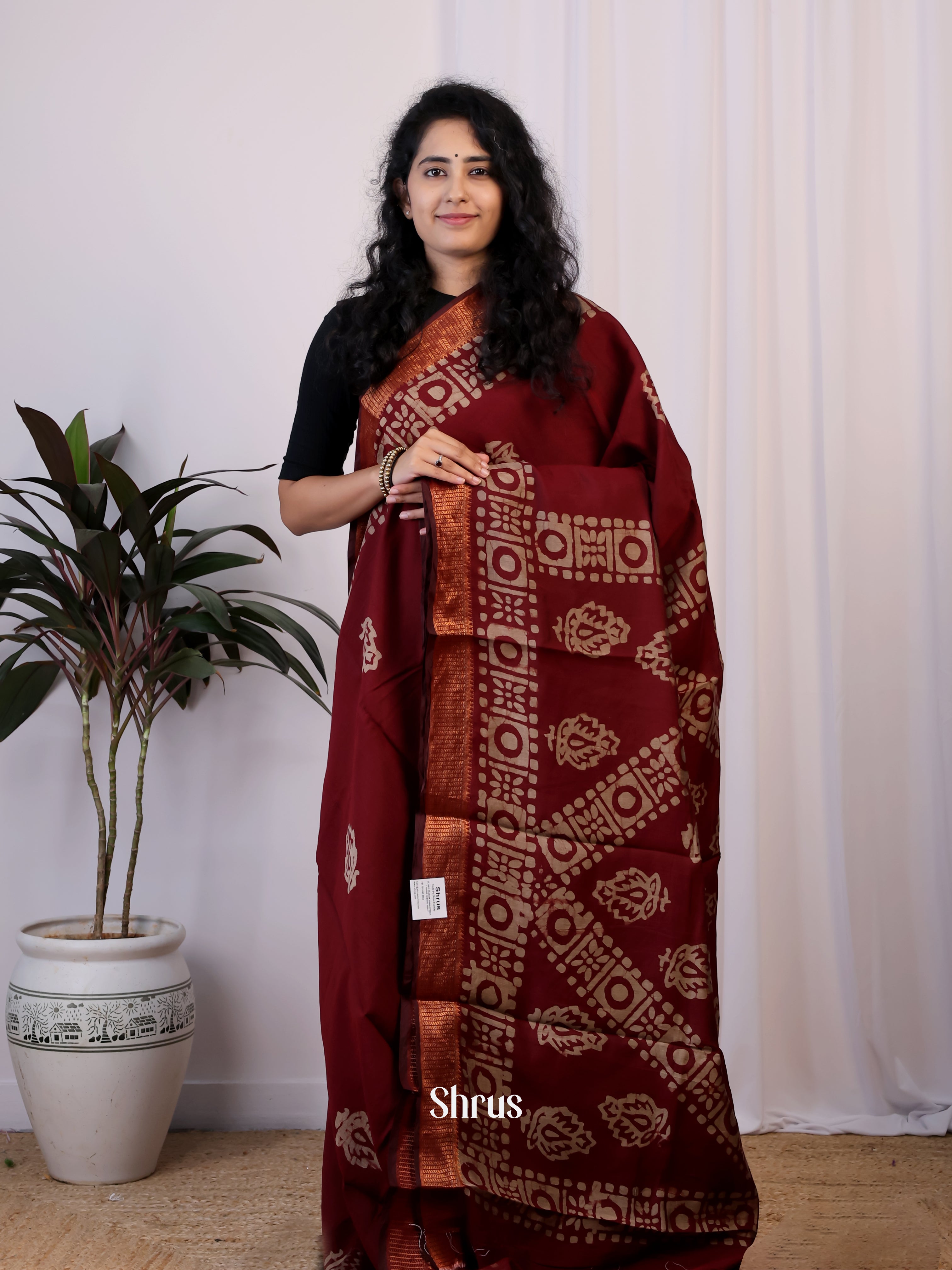 Maroon - Semi Chanderi Saree - Shop on Shrus.com