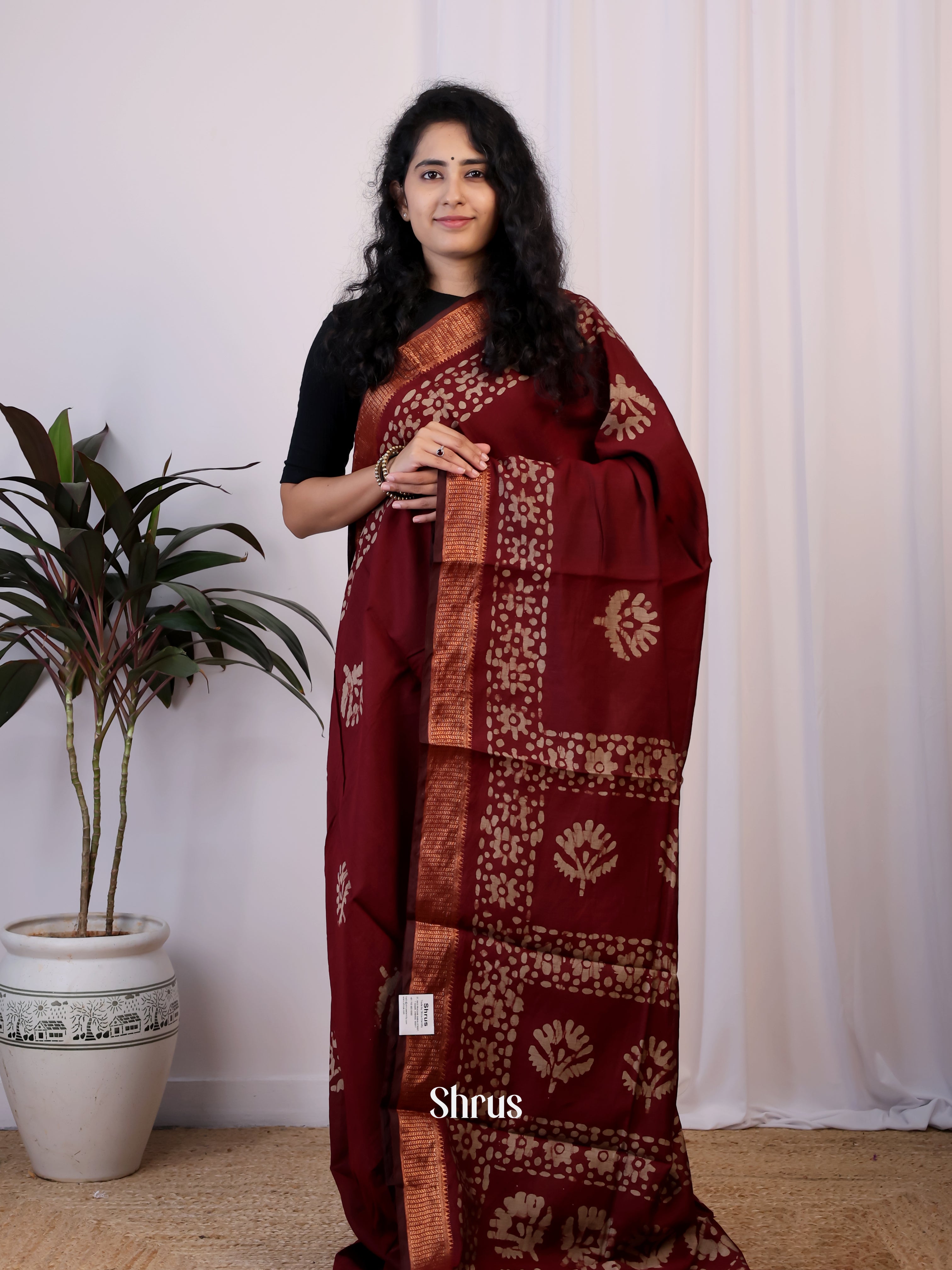 Maroon - Semi Chanderi Saree - Shop on Shrus.com