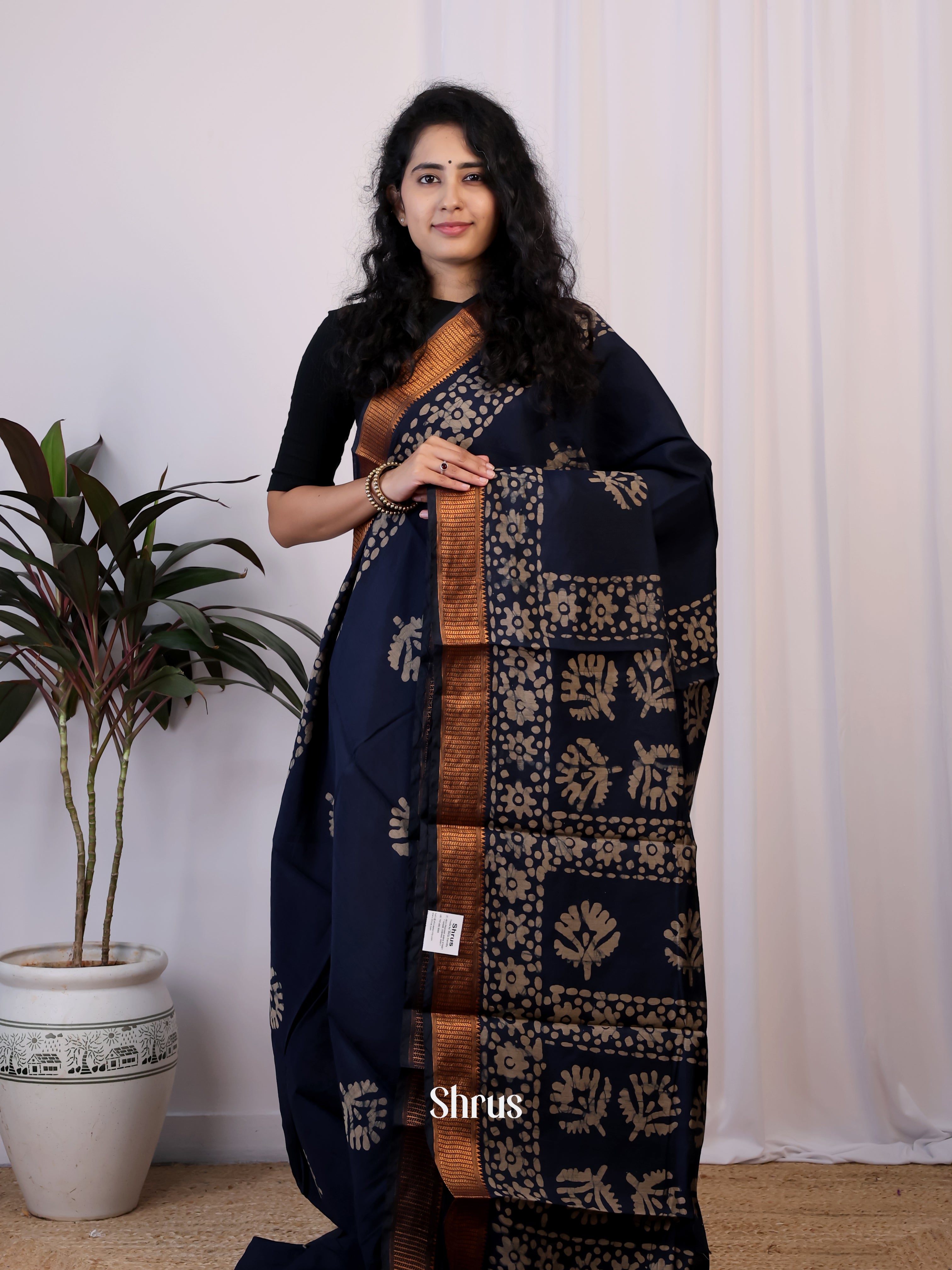 Blue - Semi Chanderi Saree - Shop on Shrus.com