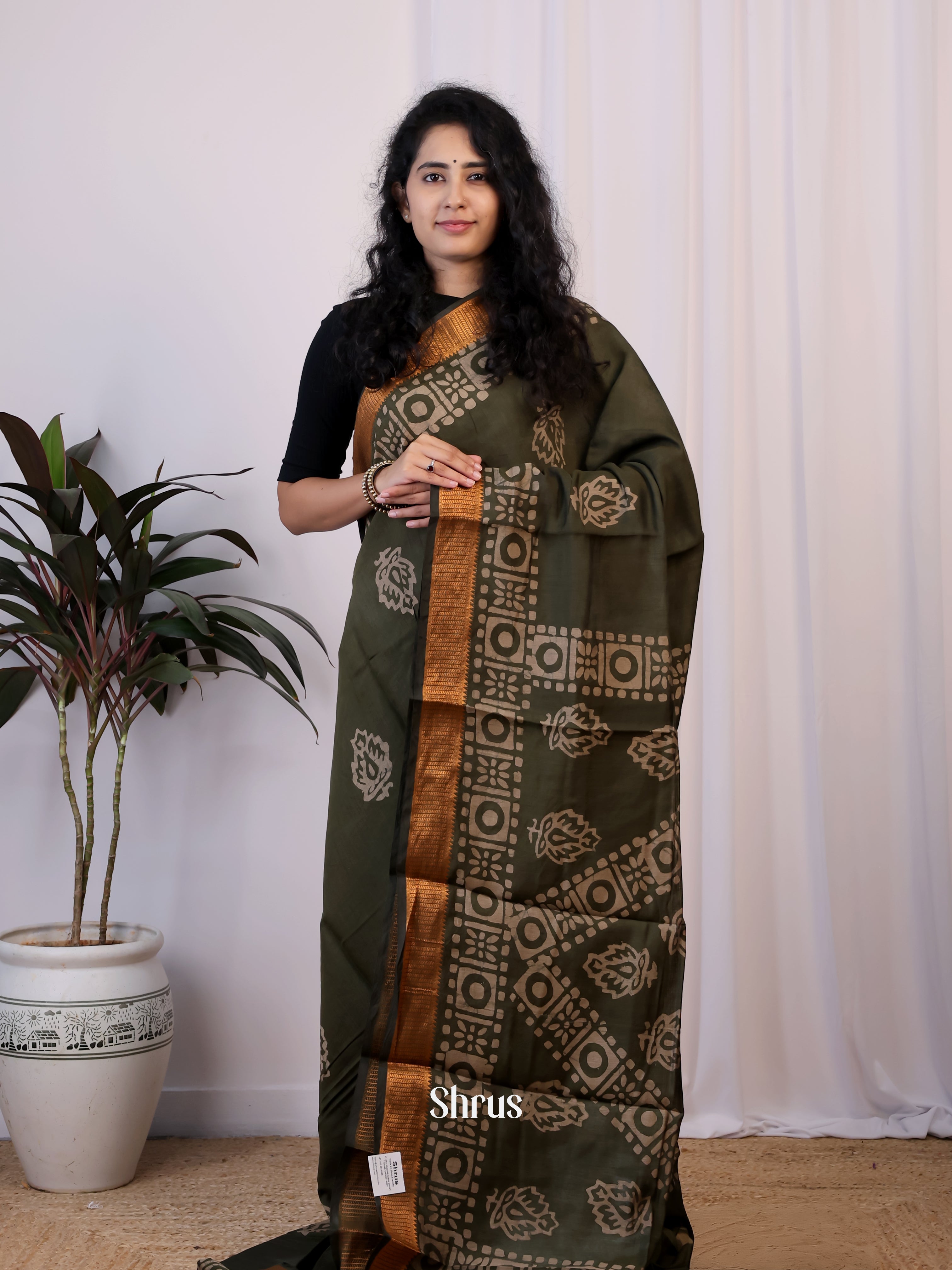 Green - Semi Chanderi Saree - Shop on Shrus.com