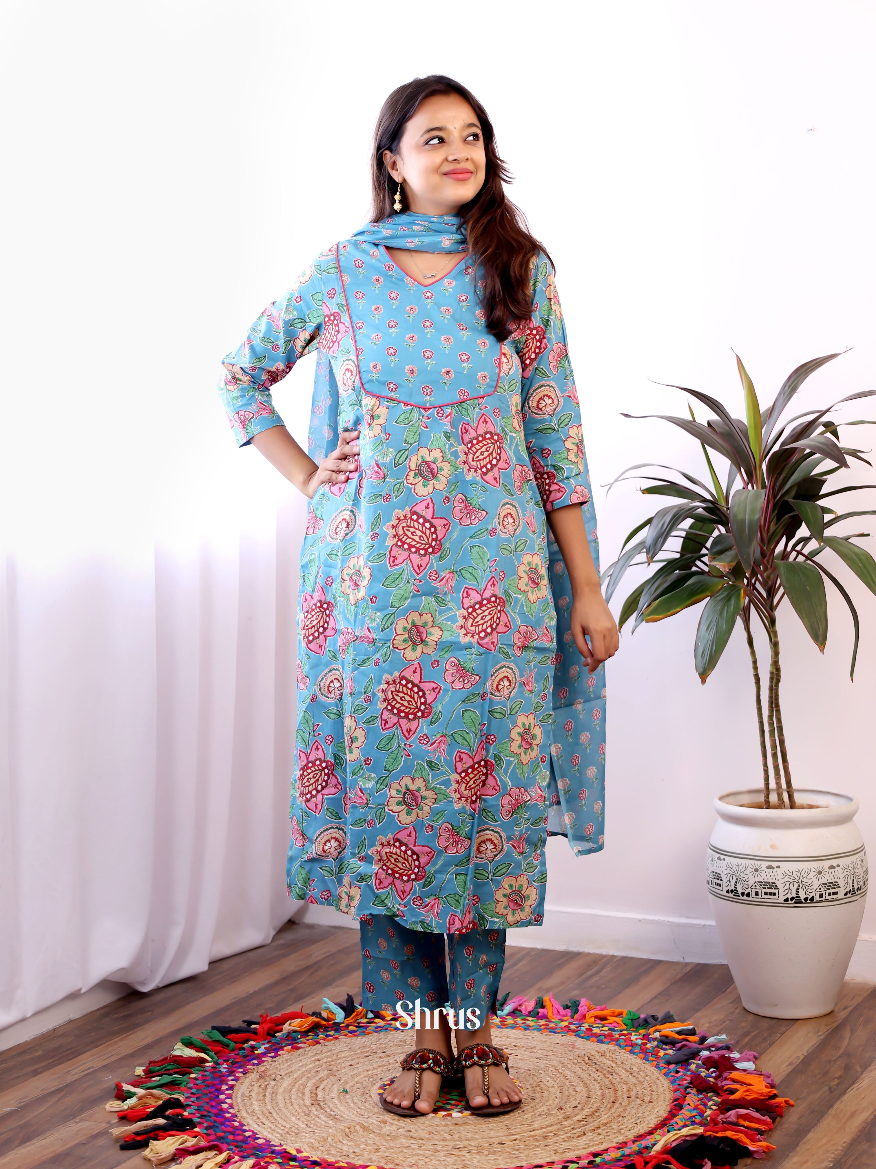 Blue -3pc bagru print Readymade Suits - Shop on Shrus.com