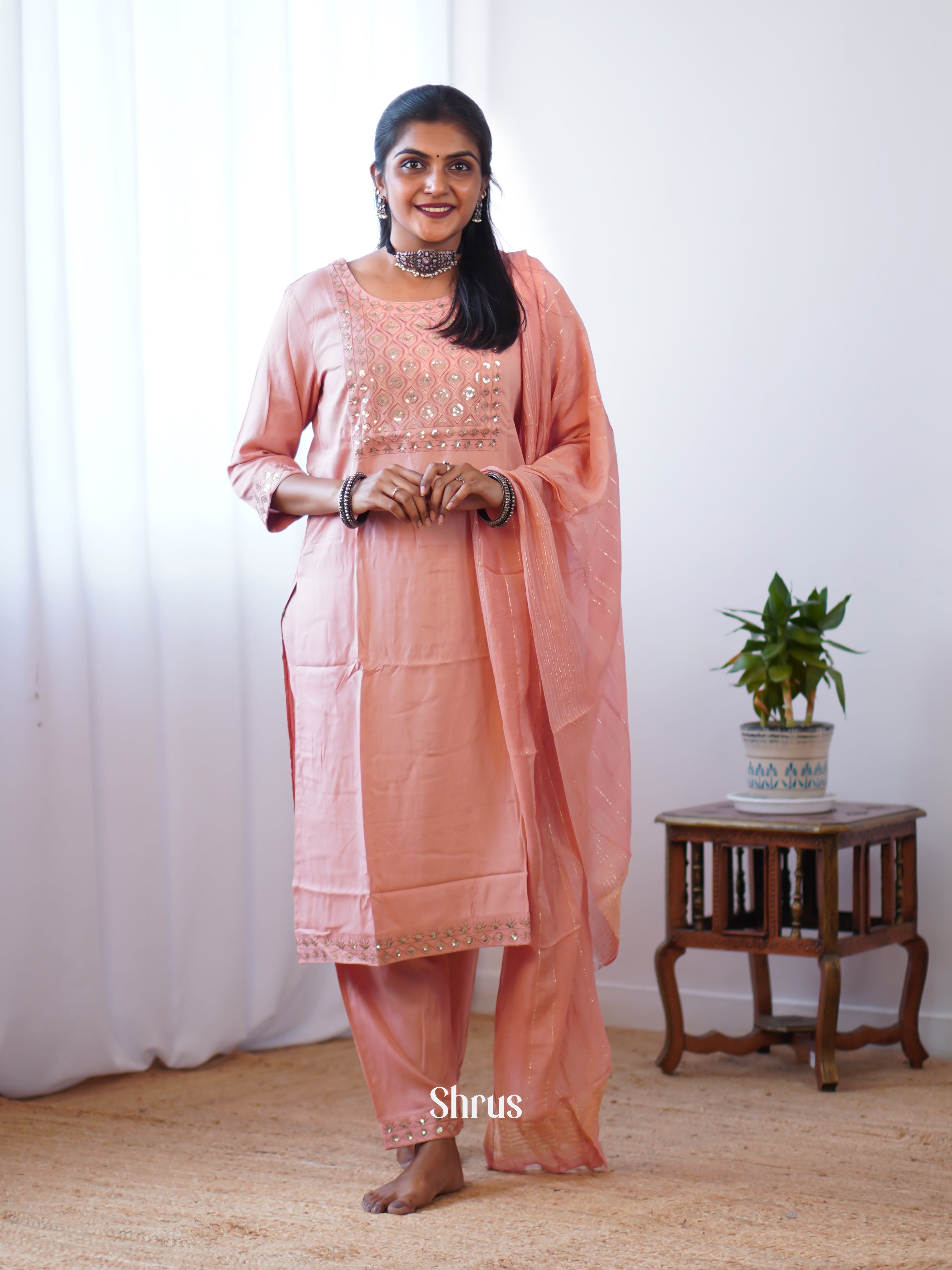 Peachish Pink - 3-pc sequin work Readymade Suits - Shop on Shrus.com