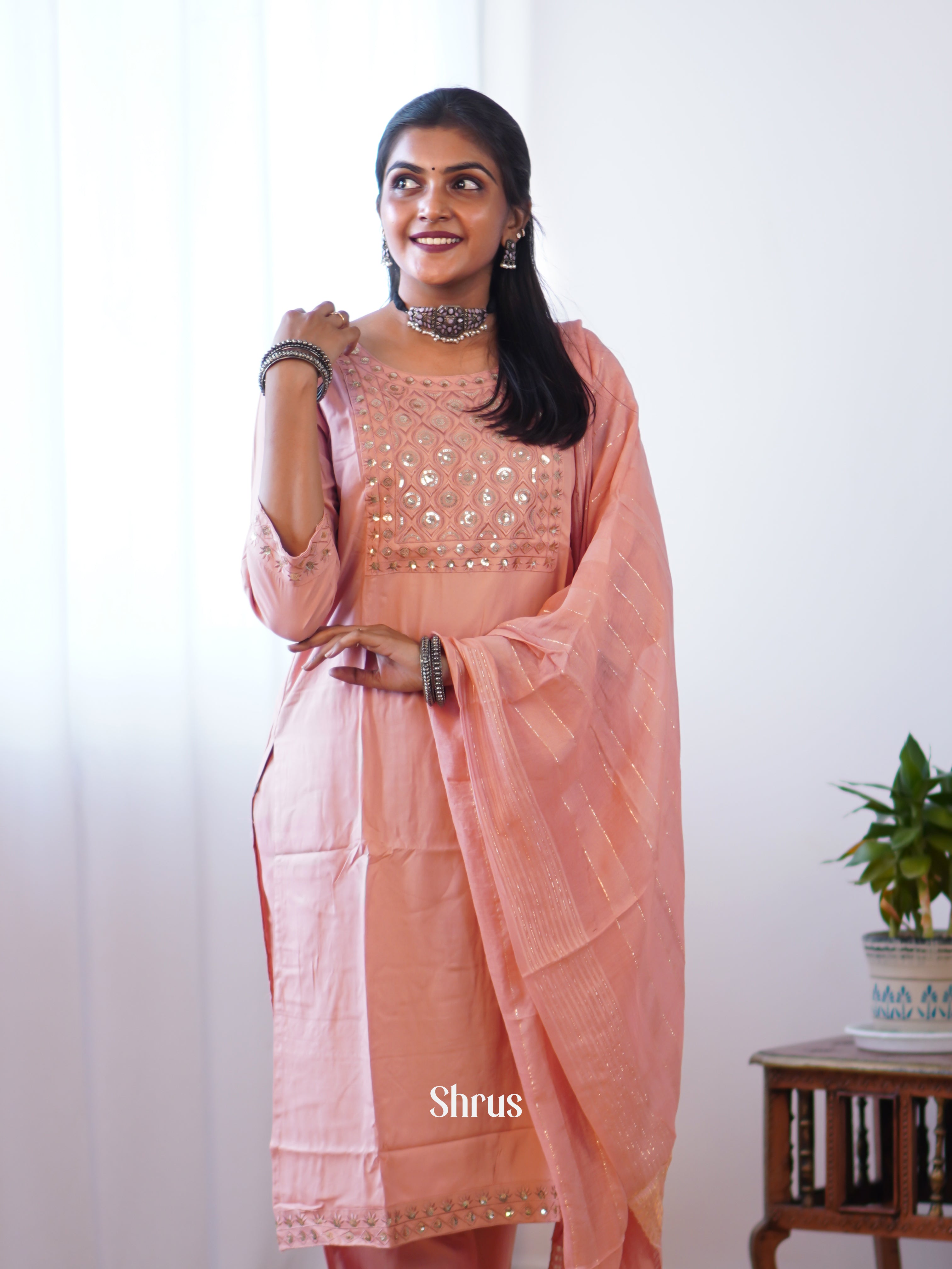 Peachish Pink - 3-pc sequin work Readymade Suits - Shop on Shrus.com