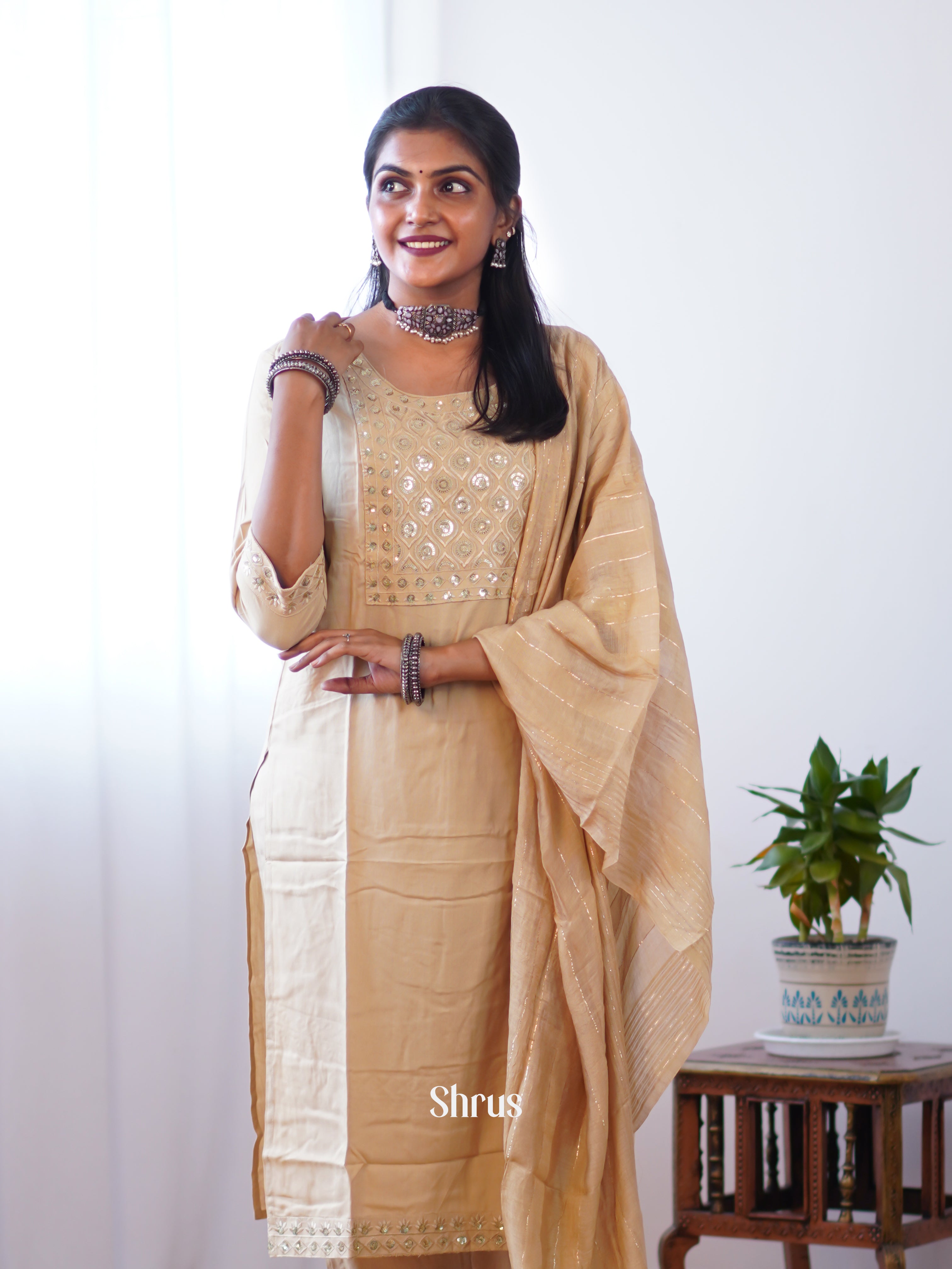 Beige-Sequin embroidery 3-pc Readymade Suits - Shop on Shrus.com