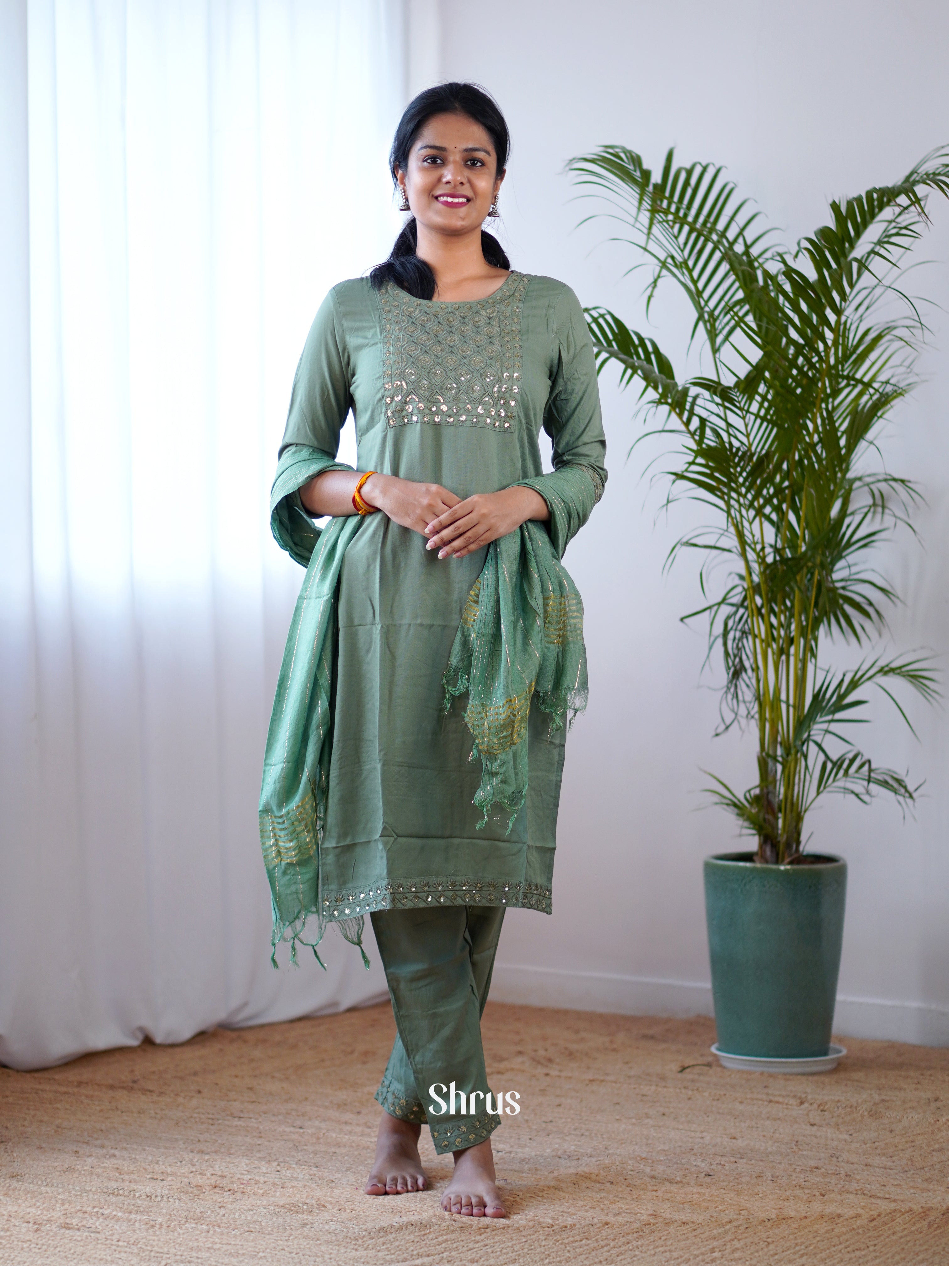 Grey Green - 3pc sequin work Readymade Suits - Shop on Shrus.com