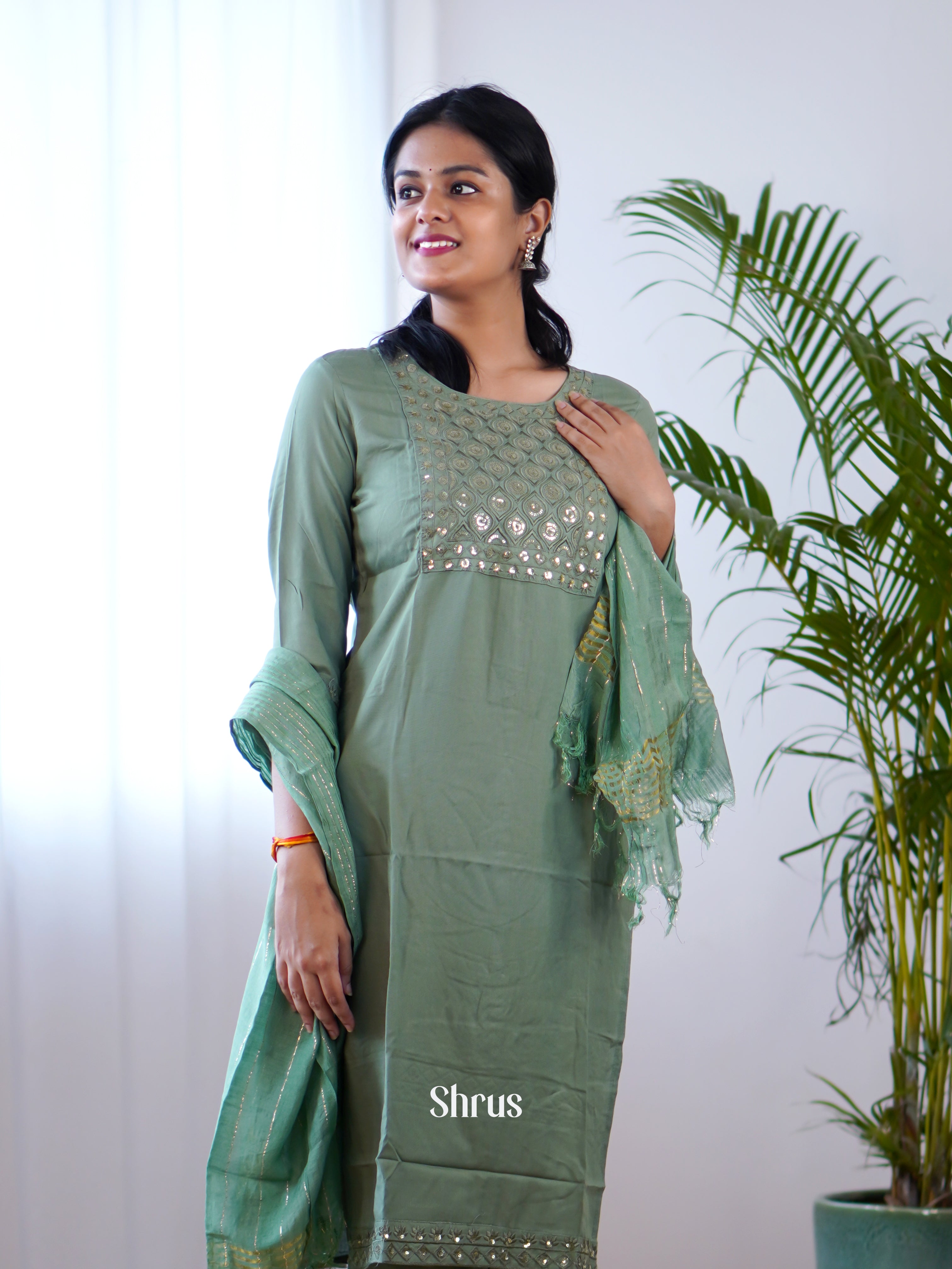 Grey Green - 3pc sequin work Readymade Suits - Shop on Shrus.com
