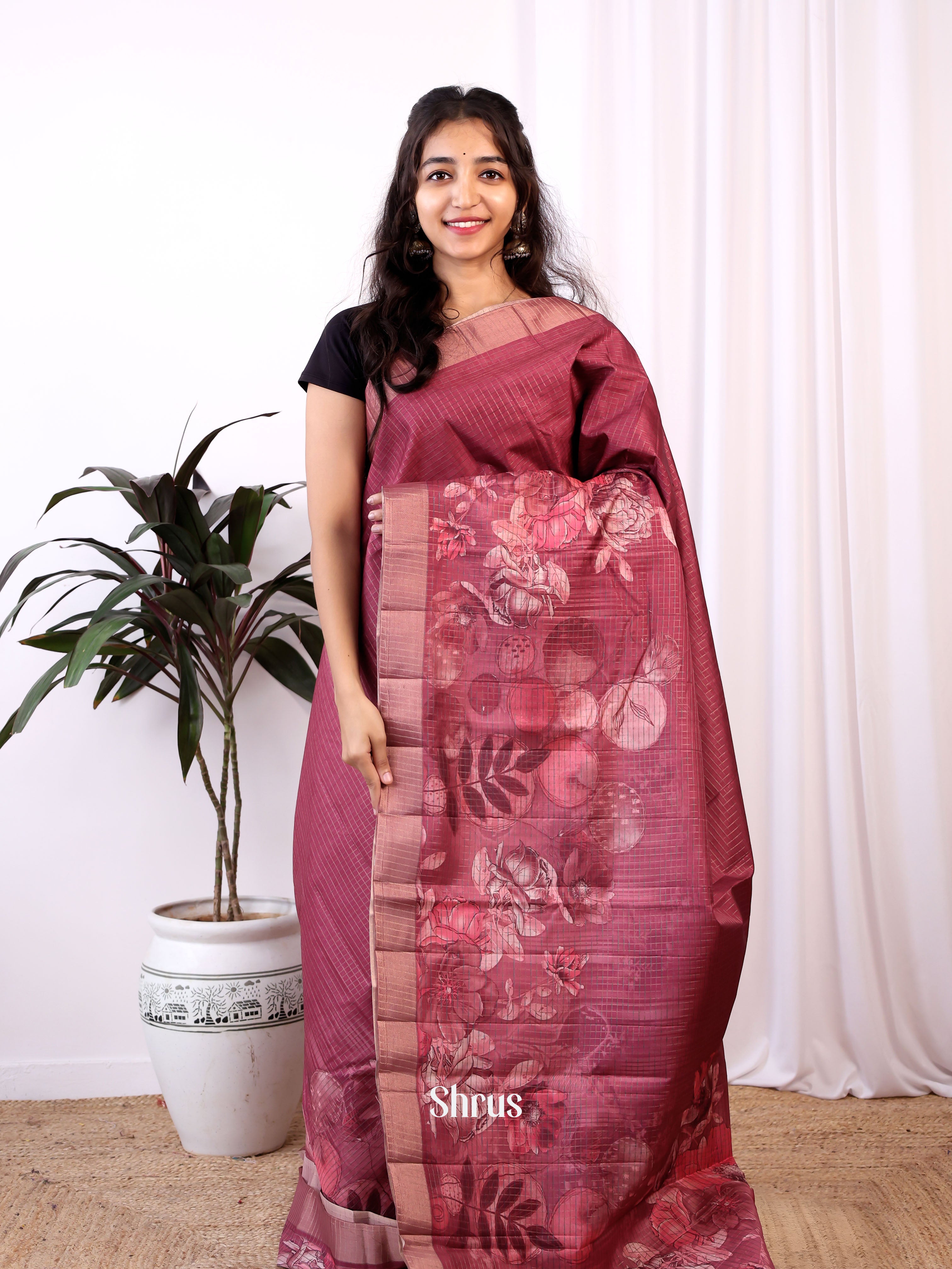 Maroon - Semi Tussar Saree - Shop on Shrus.com