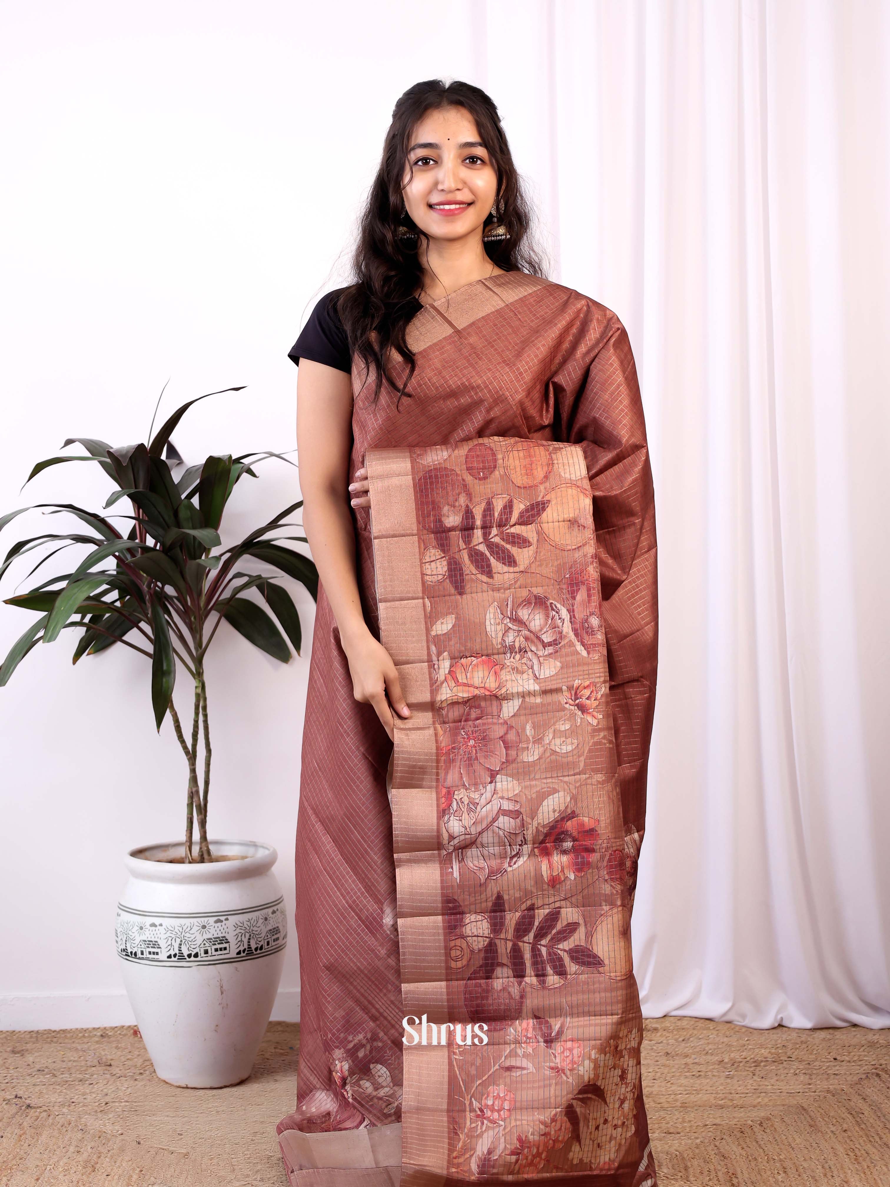 Brown - Semi Tussar Saree - Shop on Shrus.com