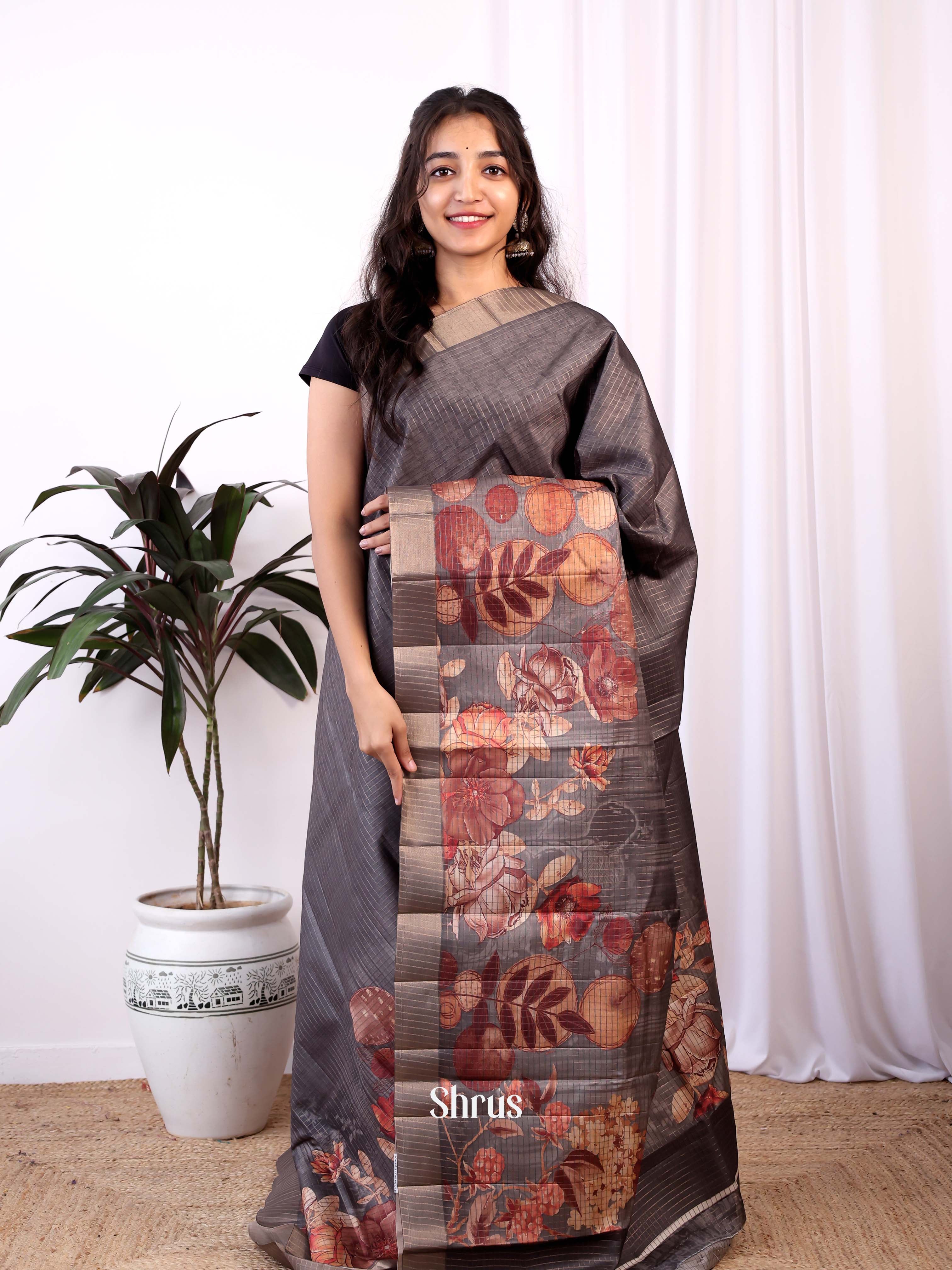 Greyish Black - Semi Tussar Saree - Shop on Shrus.com