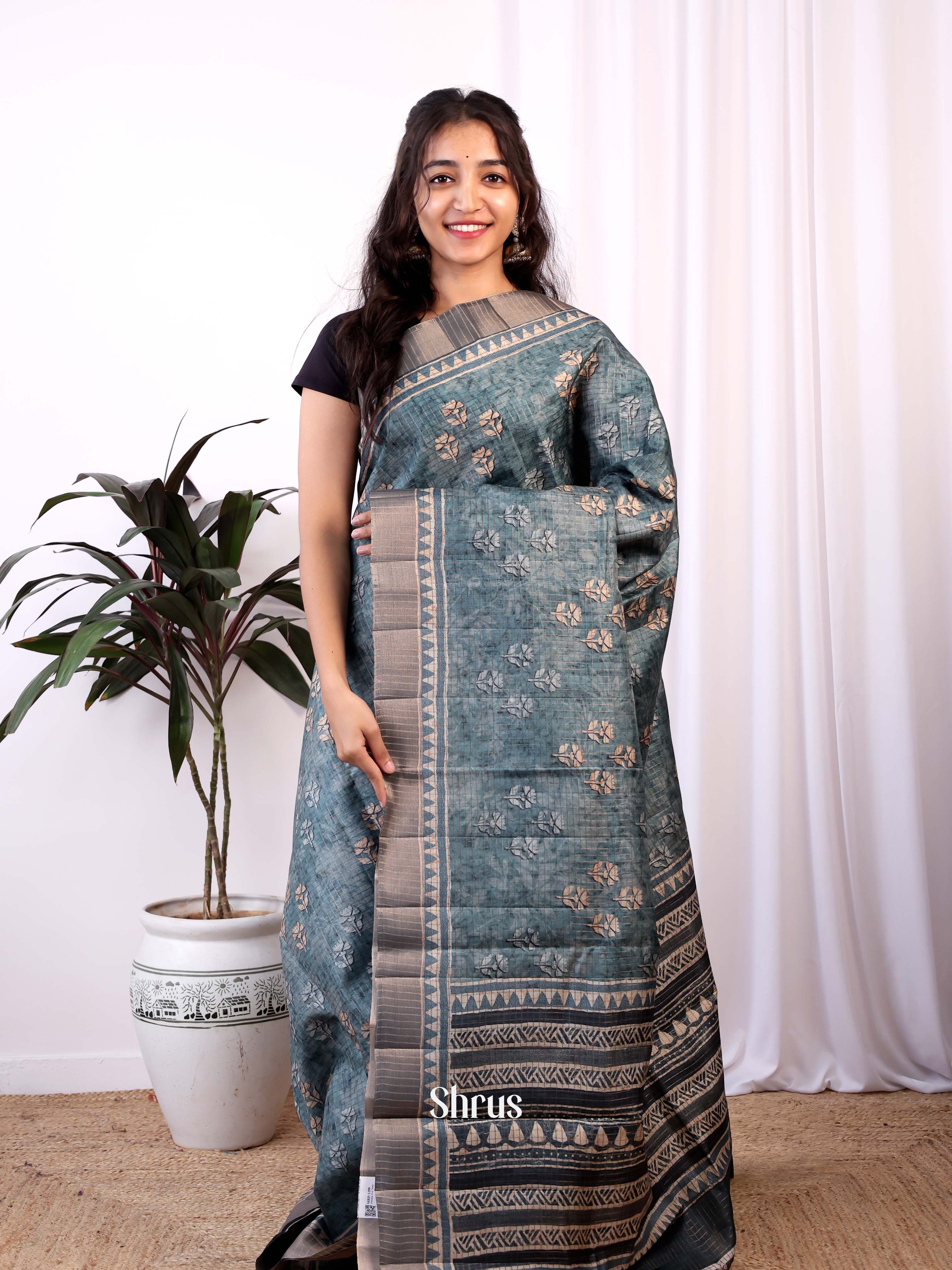 Greyish Blue - Semi Tussar Saree - Shop on Shrus.com
