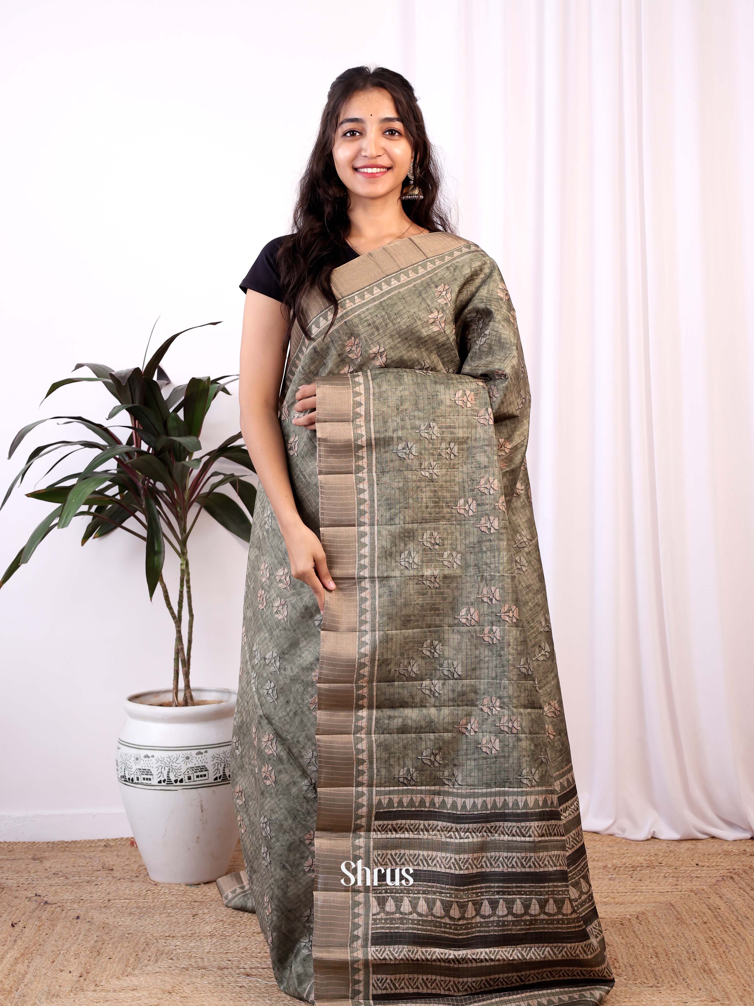Grey - Semi Tussar Saree - Shop on Shrus.com