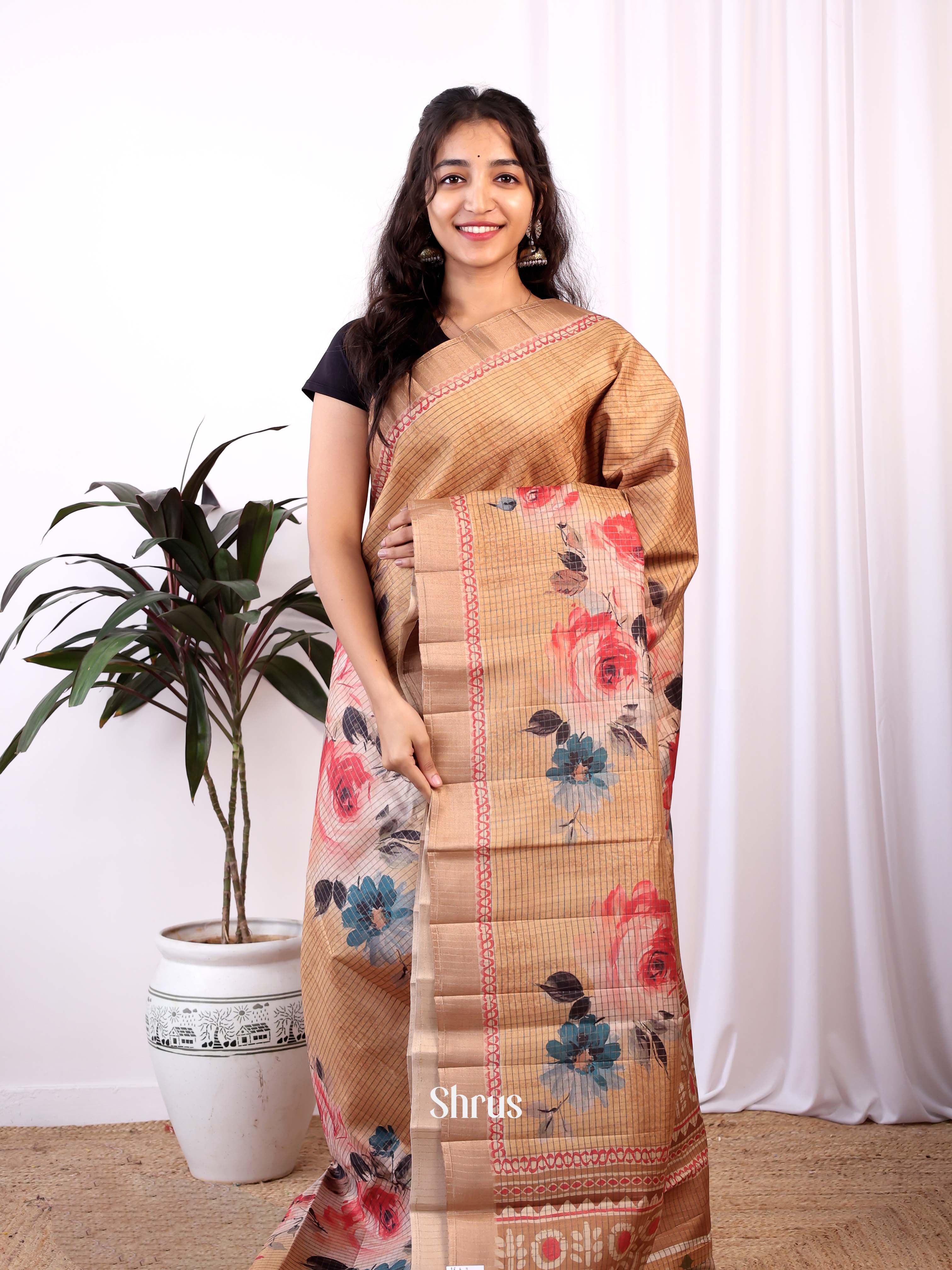 Beige - Semi Tussar Saree - Shop on Shrus.com