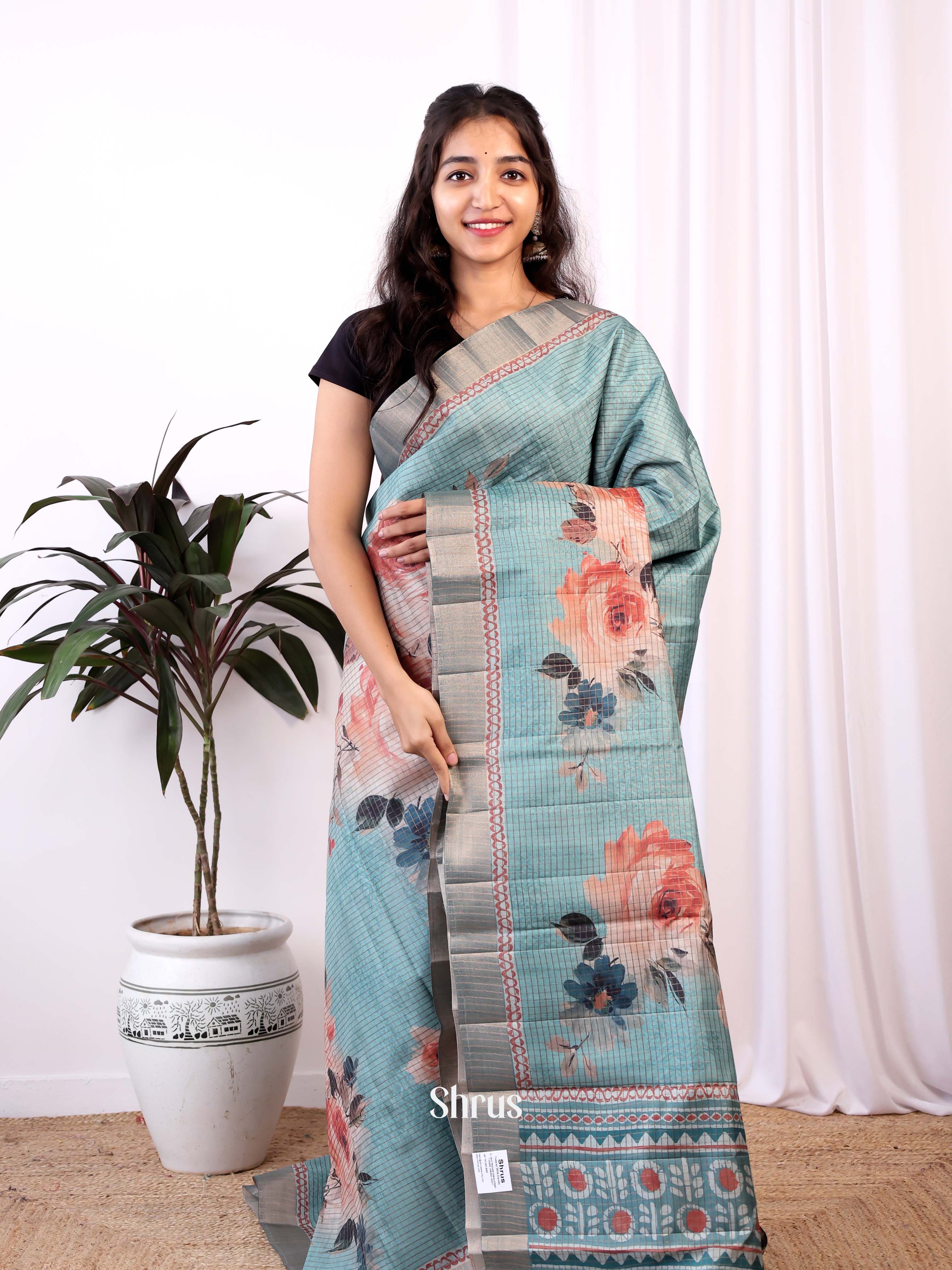 Blue - Semi Tussar Saree - Shop on Shrus.com
