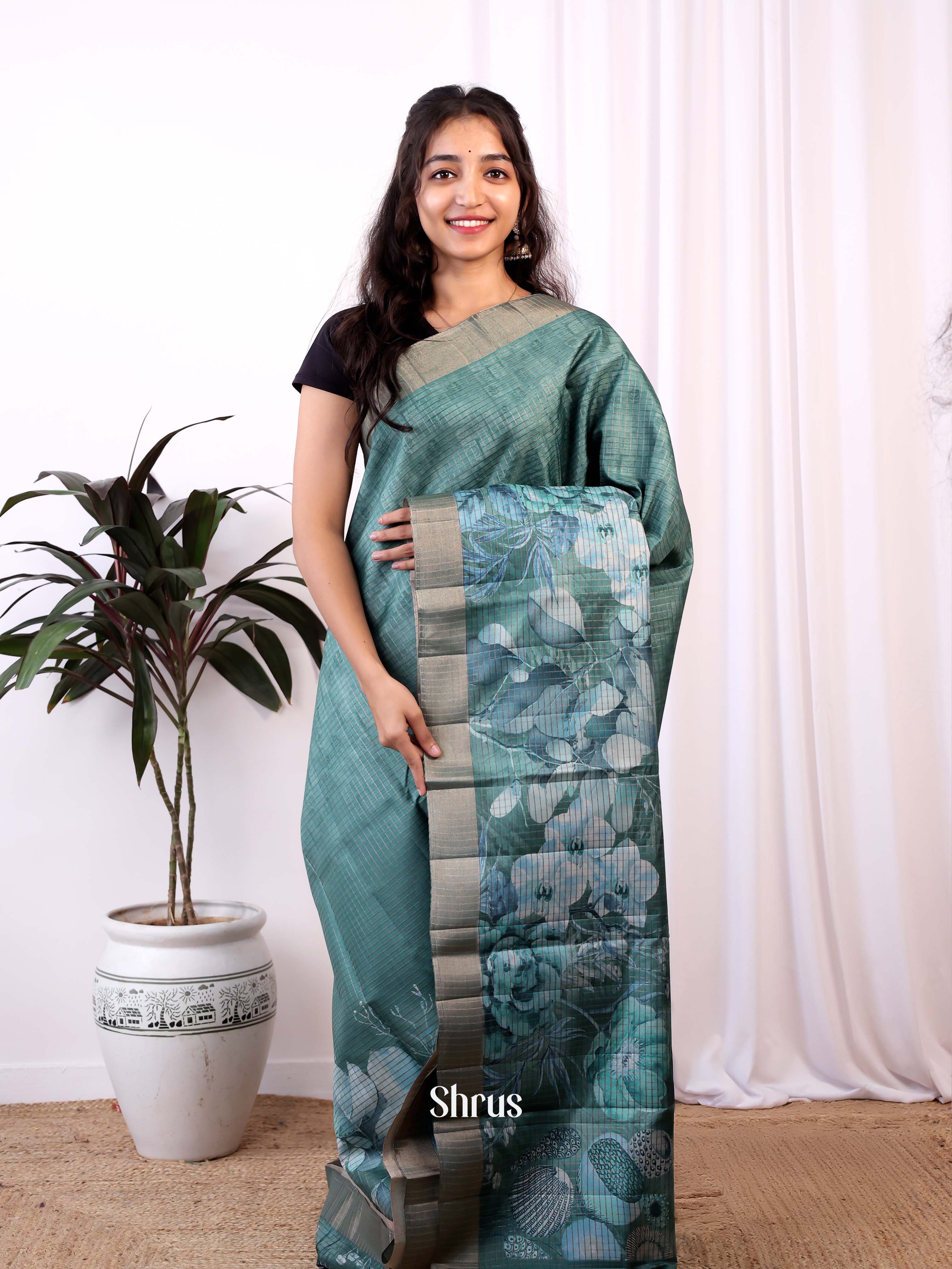 Green- Semi Tussar Saree - Shop on Shrus.com