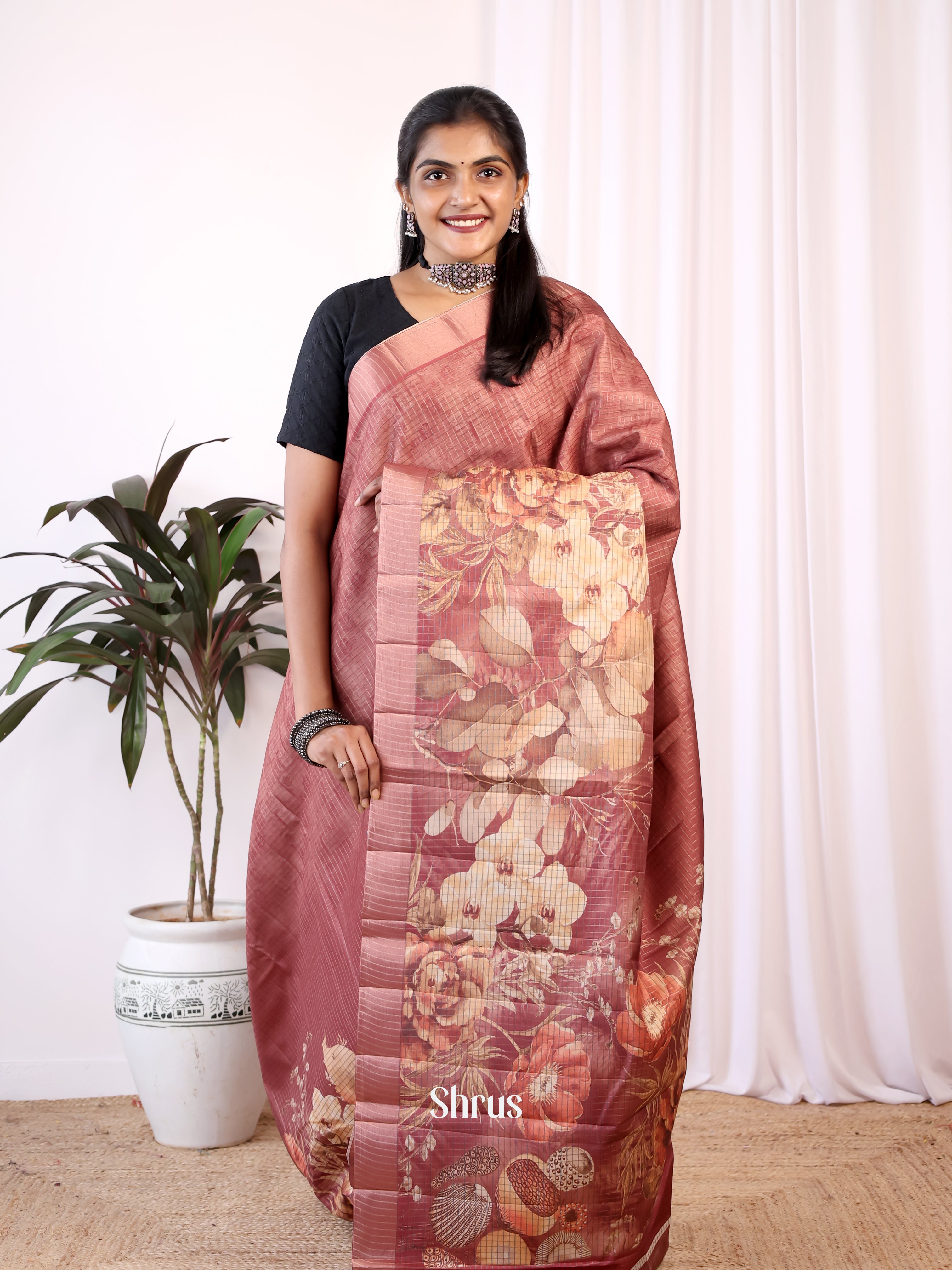 Brown - Semi Tussar Saree - Shop on Shrus.com