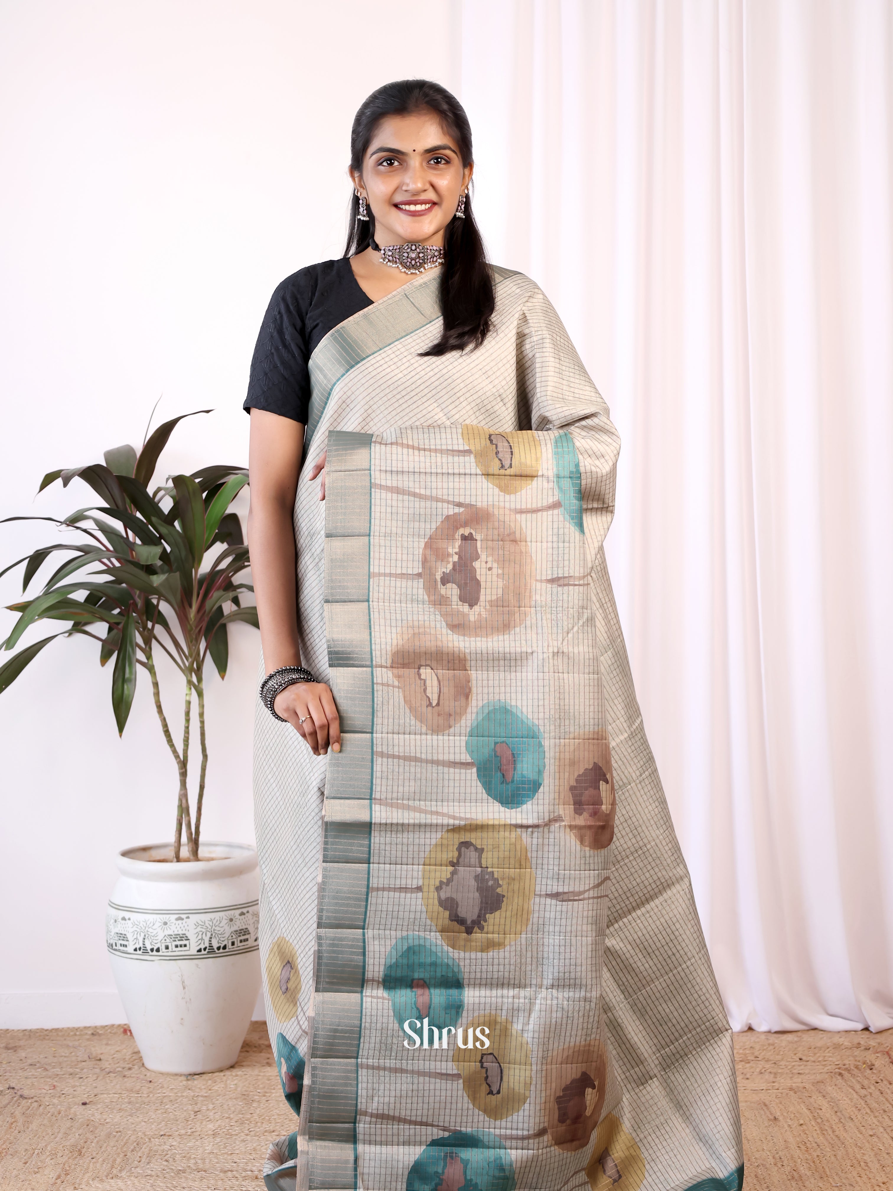 Cream & Blue - Semi Tussar Saree - Shop on Shrus.com
