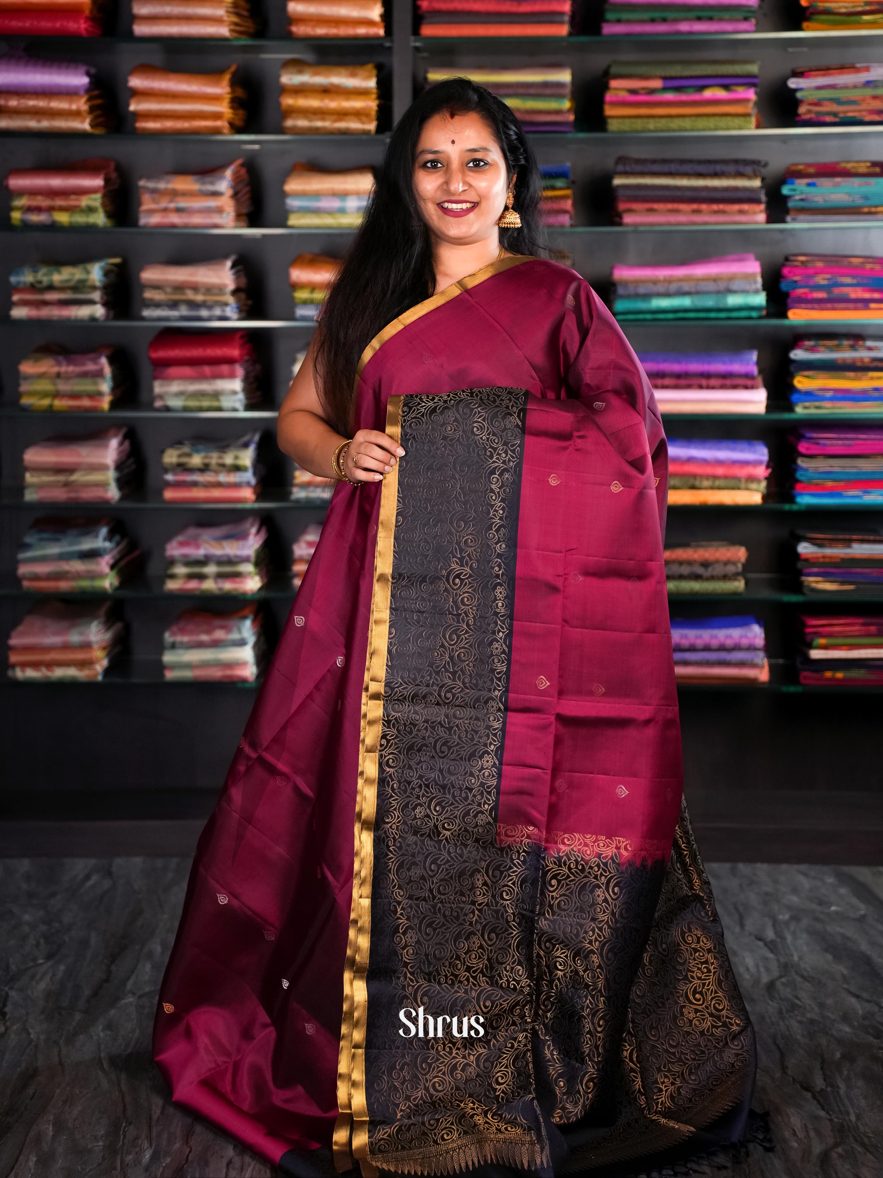 Maroon & Black - Soft Silk Saree - Shop on Shrus.com