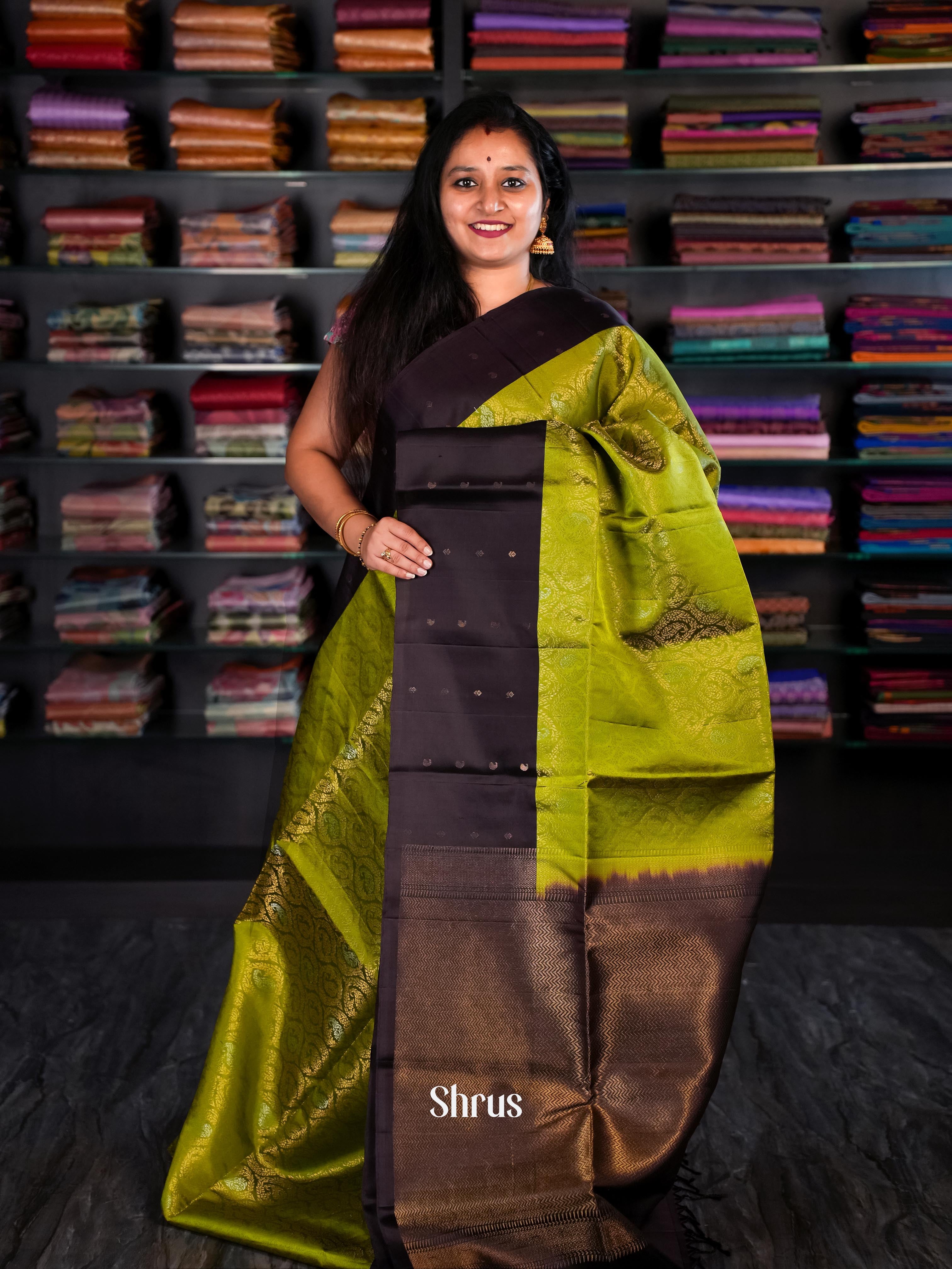 Green & Brown Soft Silk Saree - Shop on Shrus.com