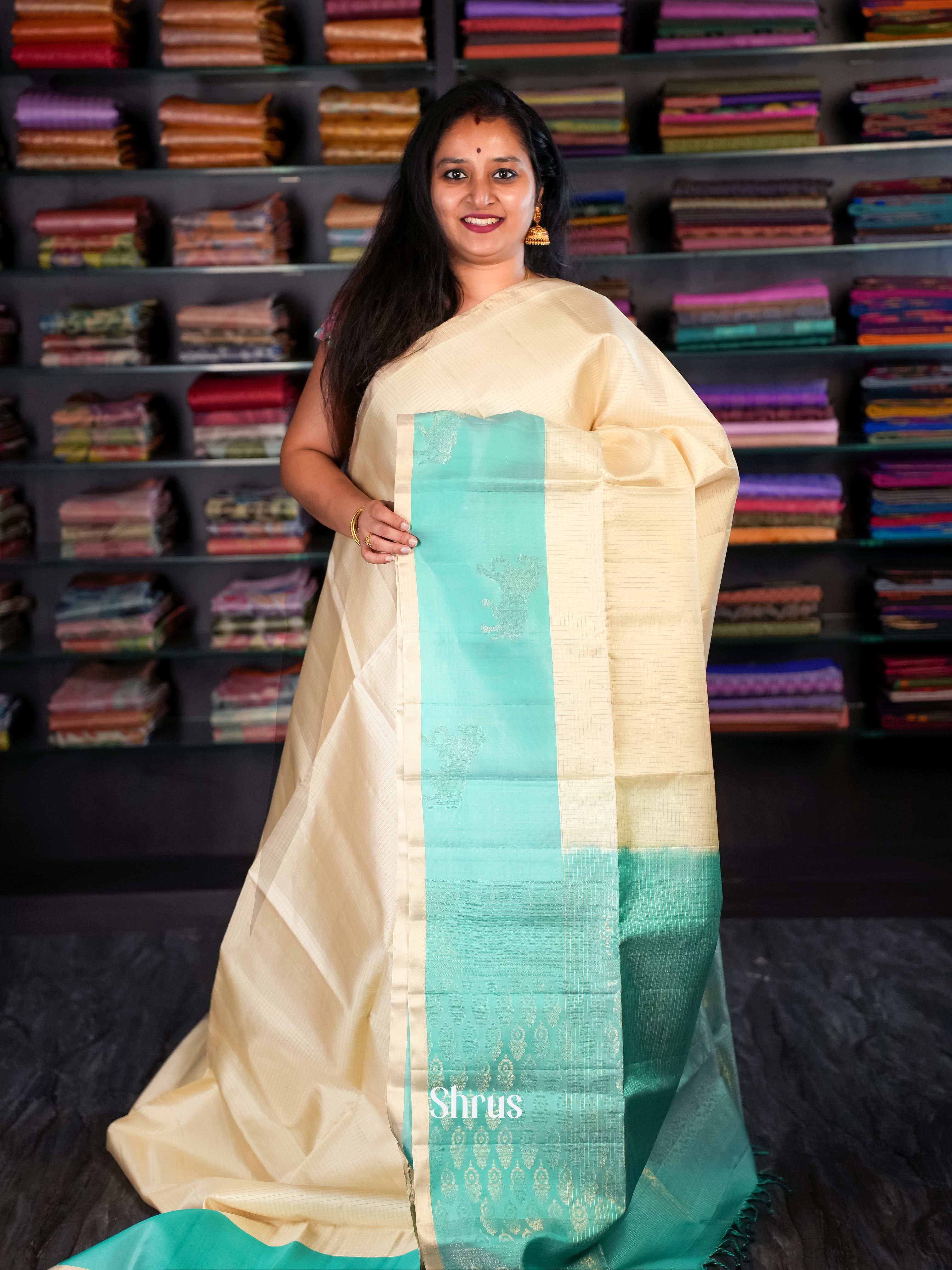 Cream & Teal- Soft Silk Saree - Shop on Shrus.com
