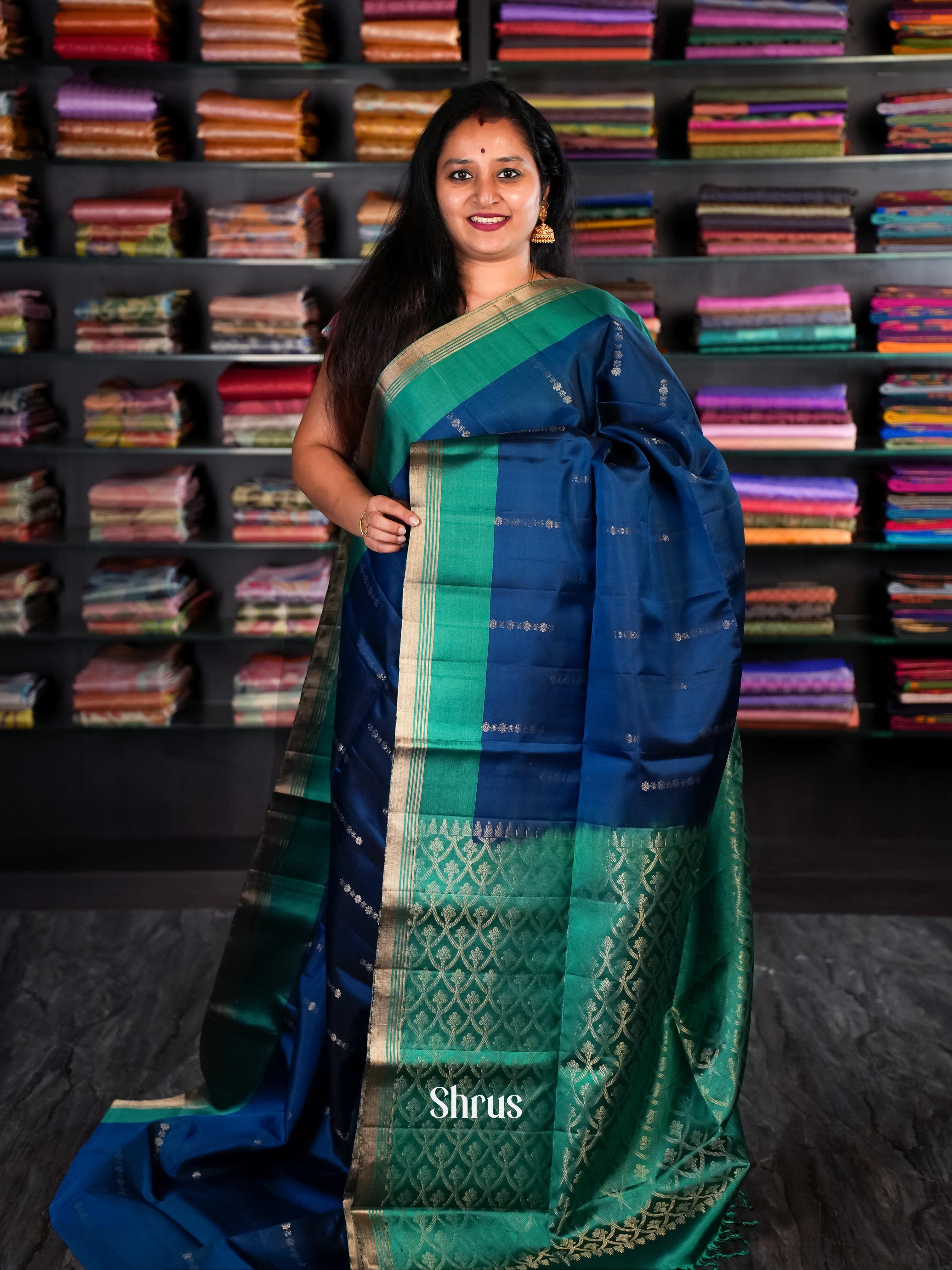 Blue & Green- Soft Silk Saree - Shop on Shrus.com