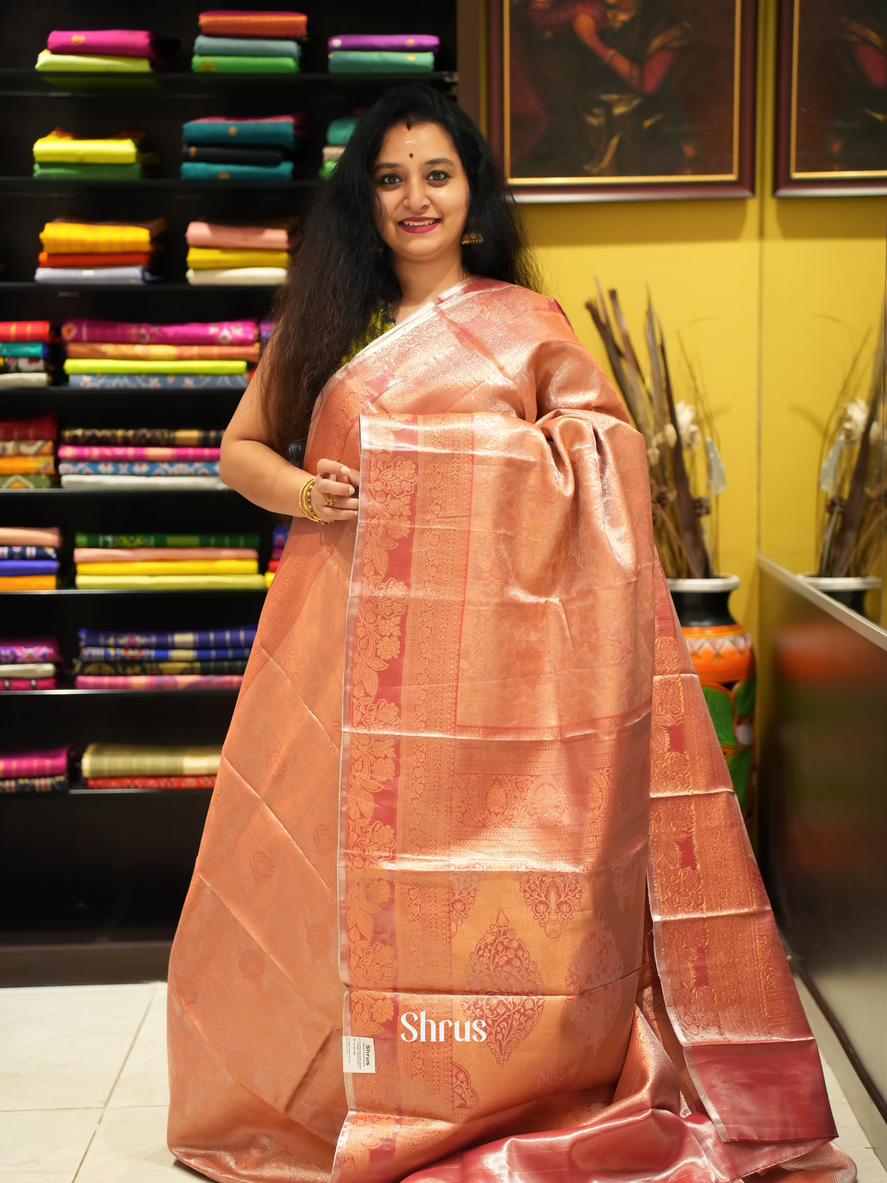 Peach(Single Tone) - Kanchipuram-halfpure Saree - Shop on Shrus.com