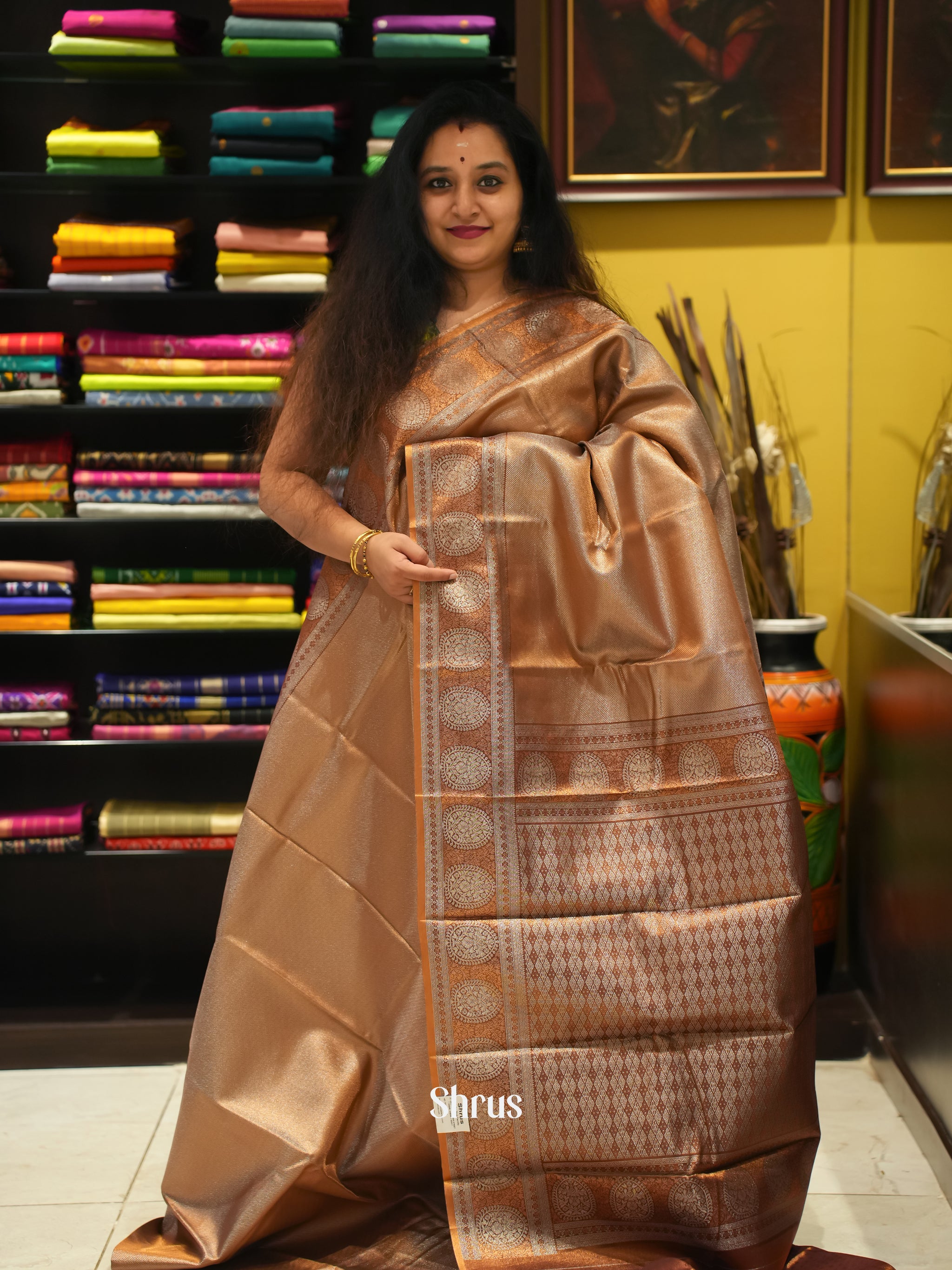 Brown Kanchipuram Semi-Silk Saree with Copper Zari