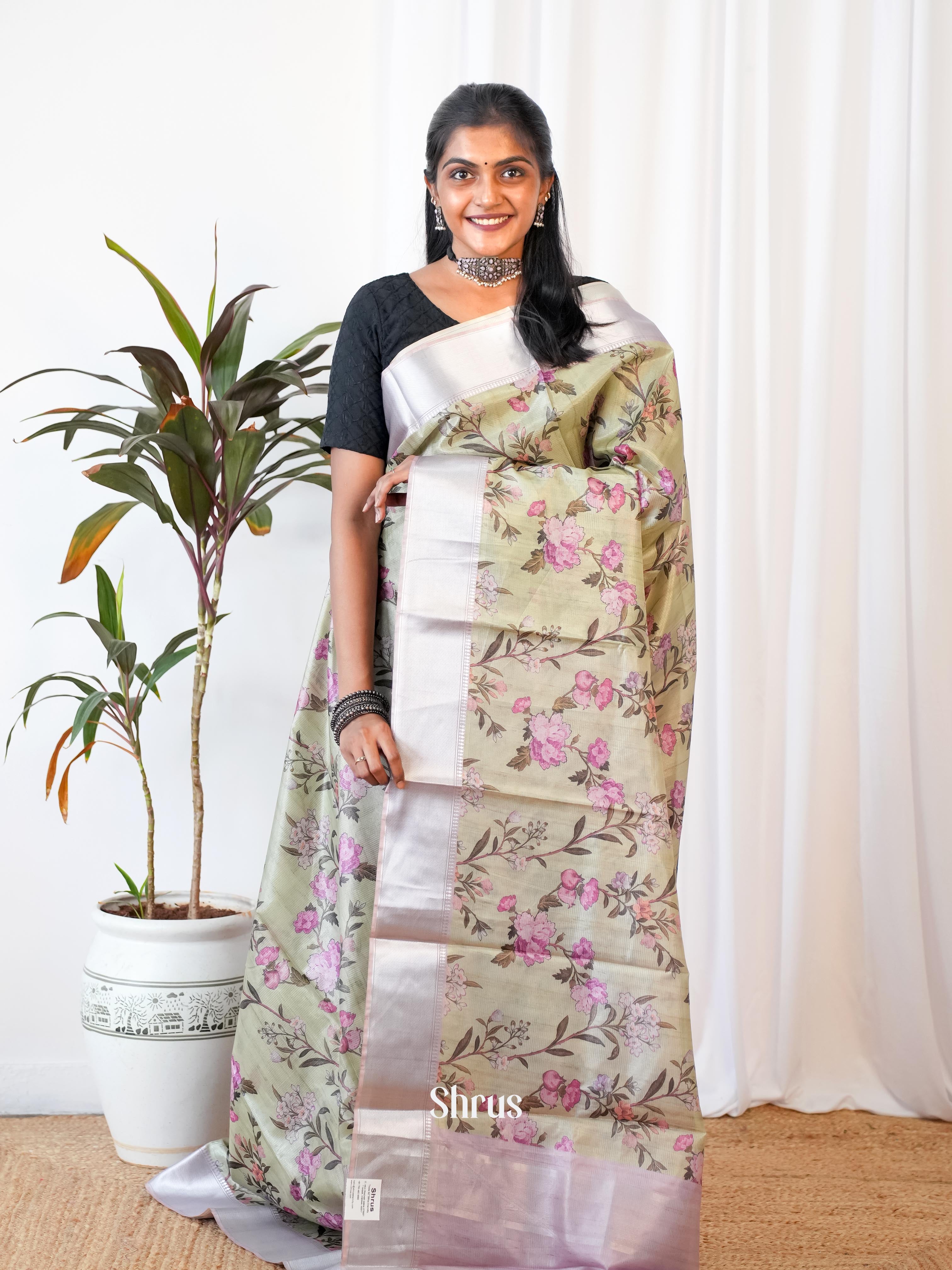 Green & Lavender - Printed Tussar Saree - Shop on Shrus.com