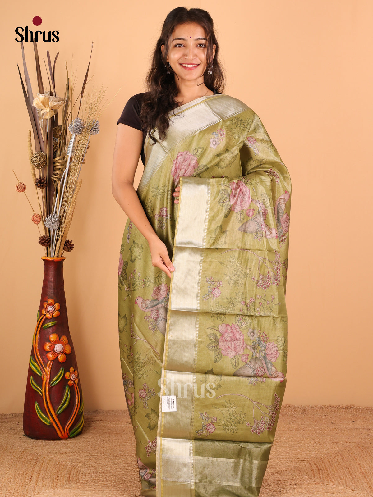 Green - Printed Tussar - CIS06403 - Shop on Shrus.com