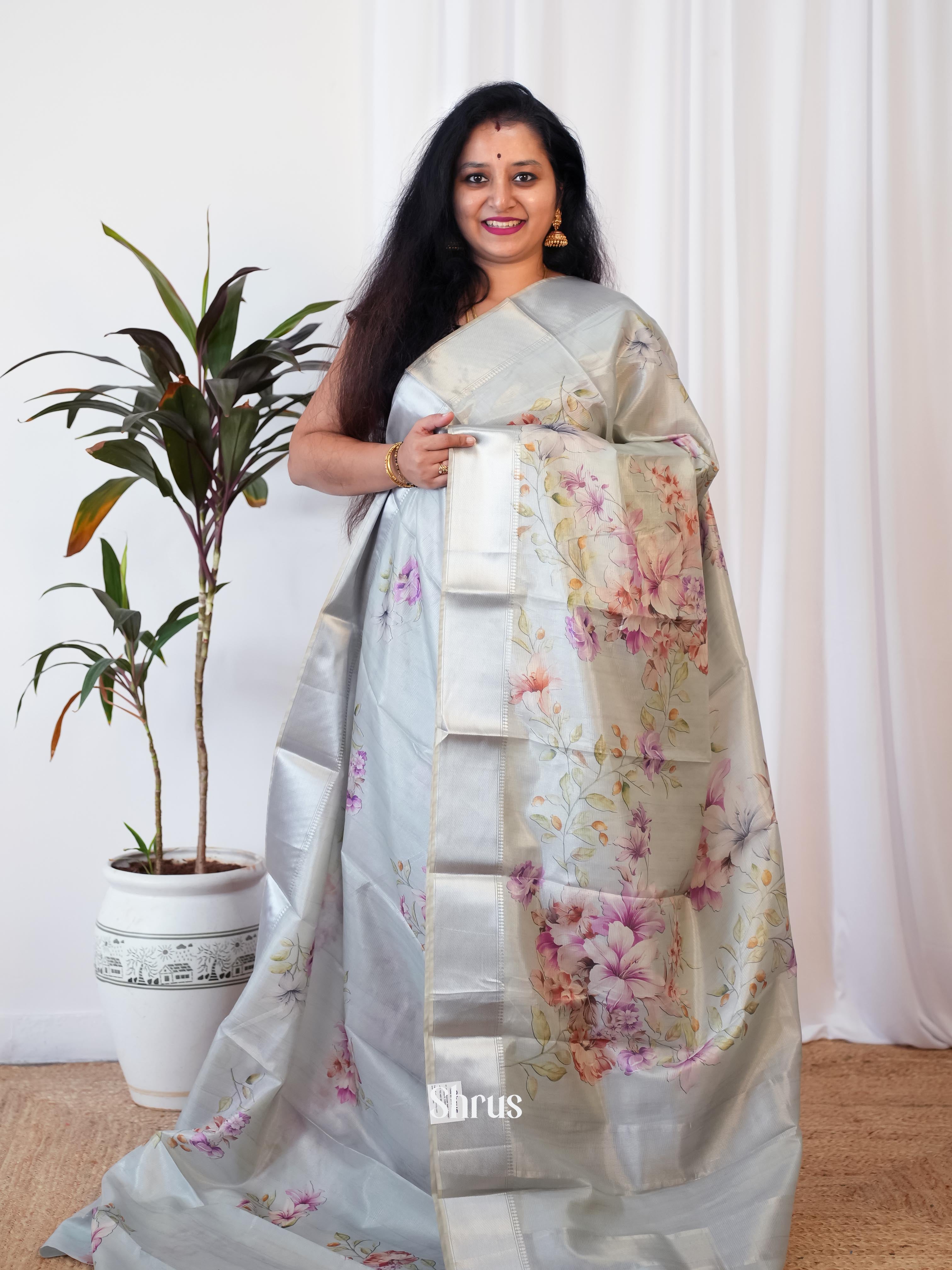 Grey - Printed Semi Tussar - Shop on Shrus.com