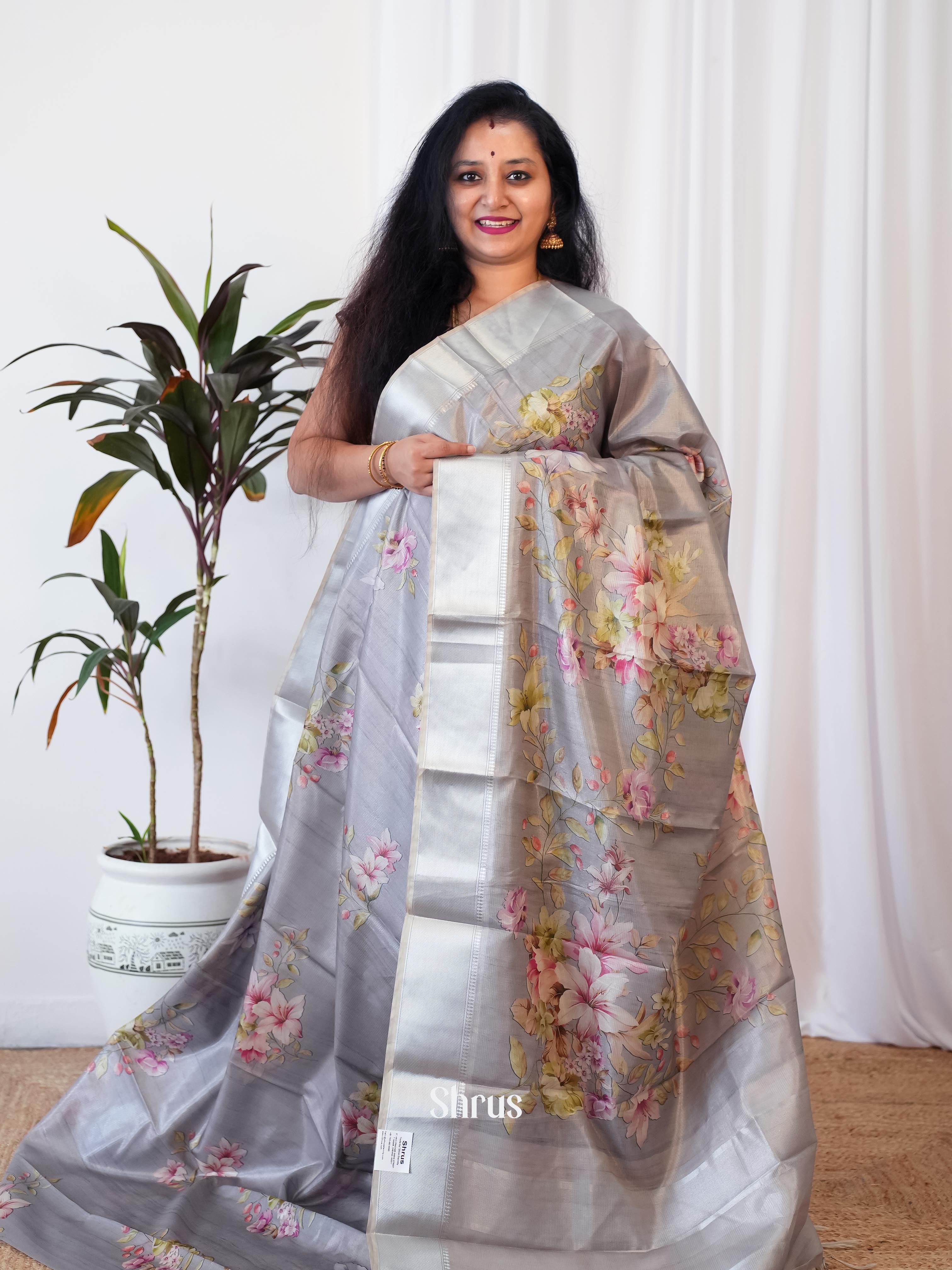 Grey - Printed Semi Tussar - Shop on Shrus.com