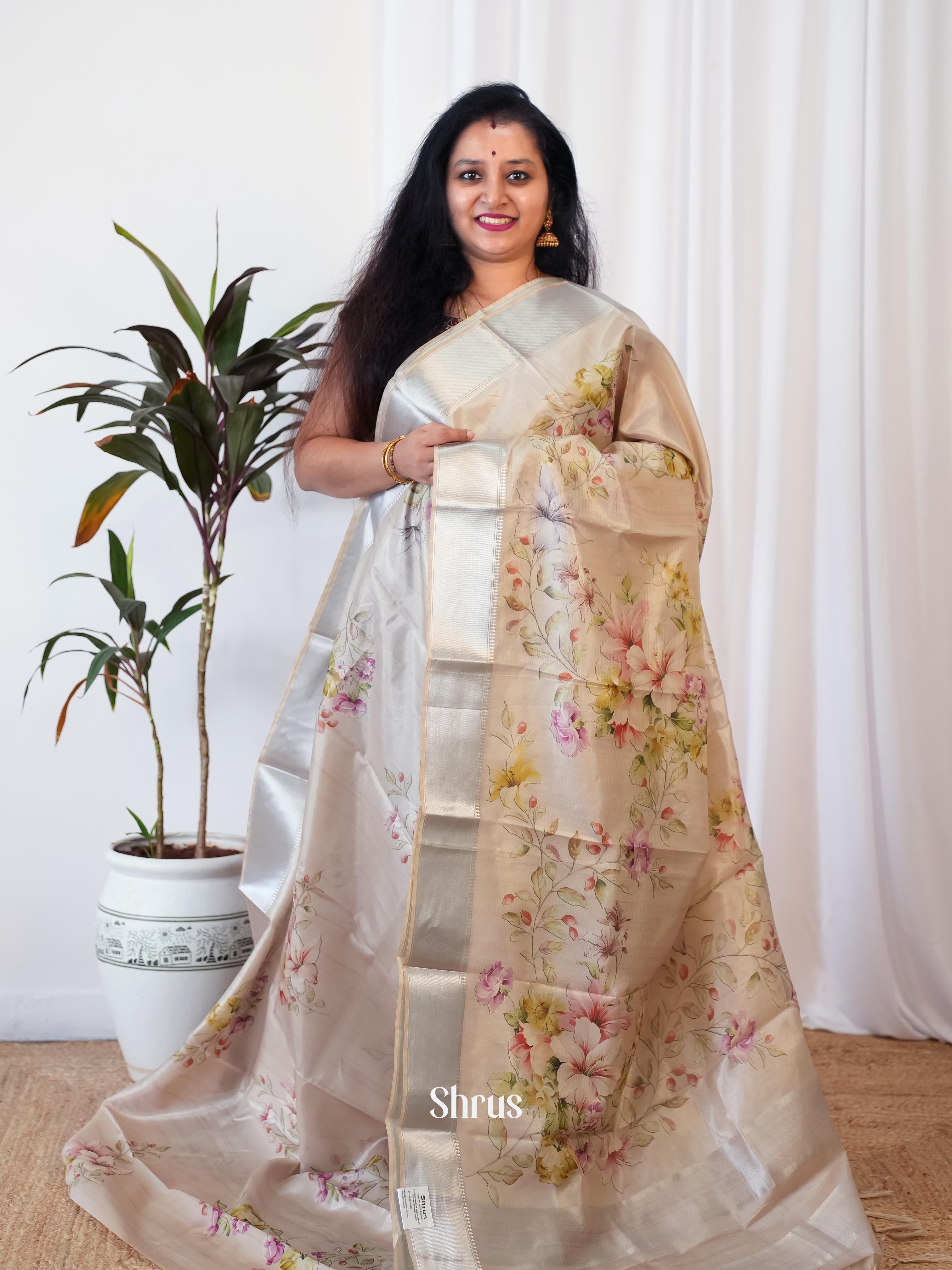Cream- Printed Semi Tussar - Shop on Shrus.com