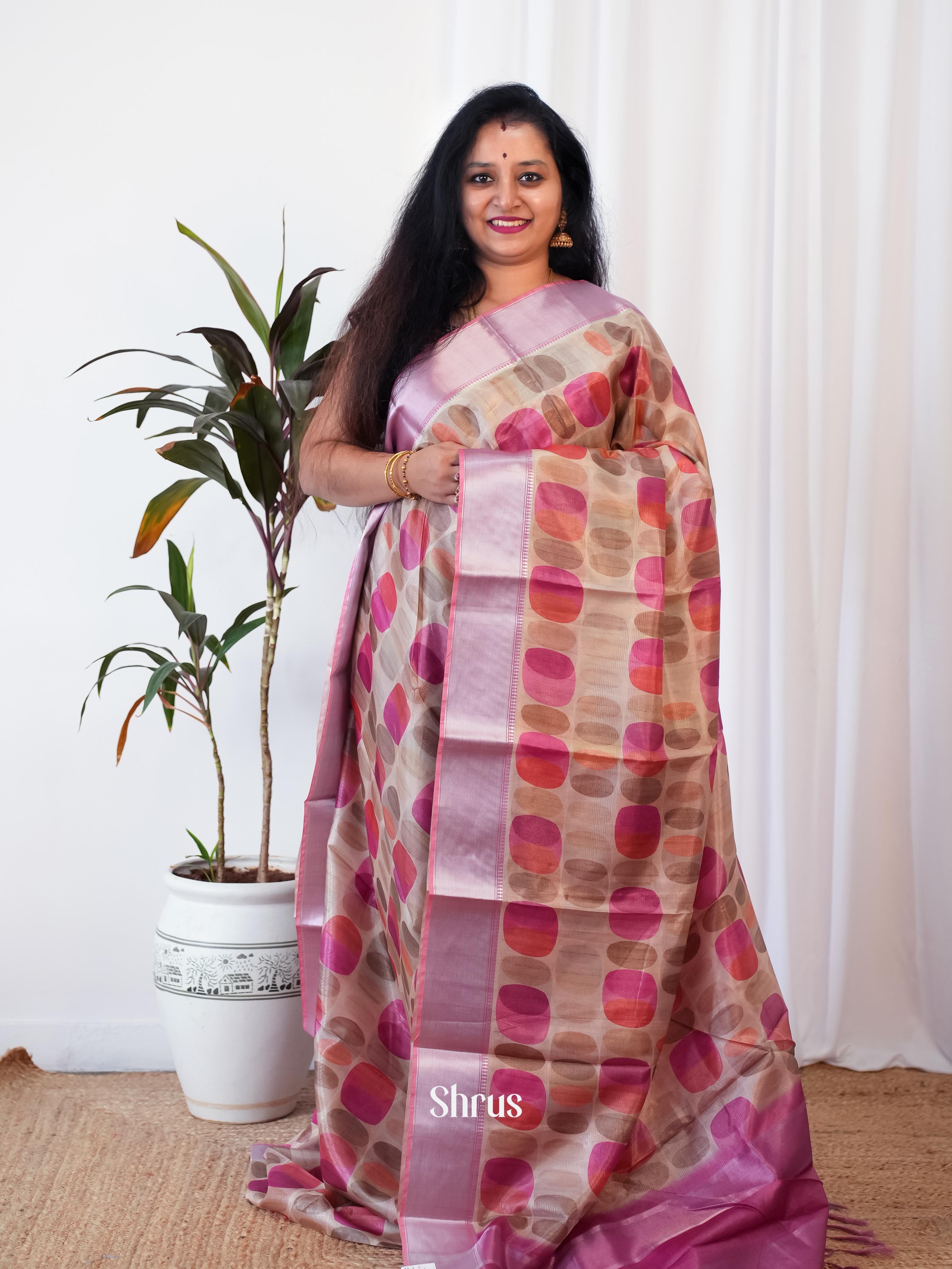 Beige & Pink - Printed Tussar Saree - Shop on Shrus.com