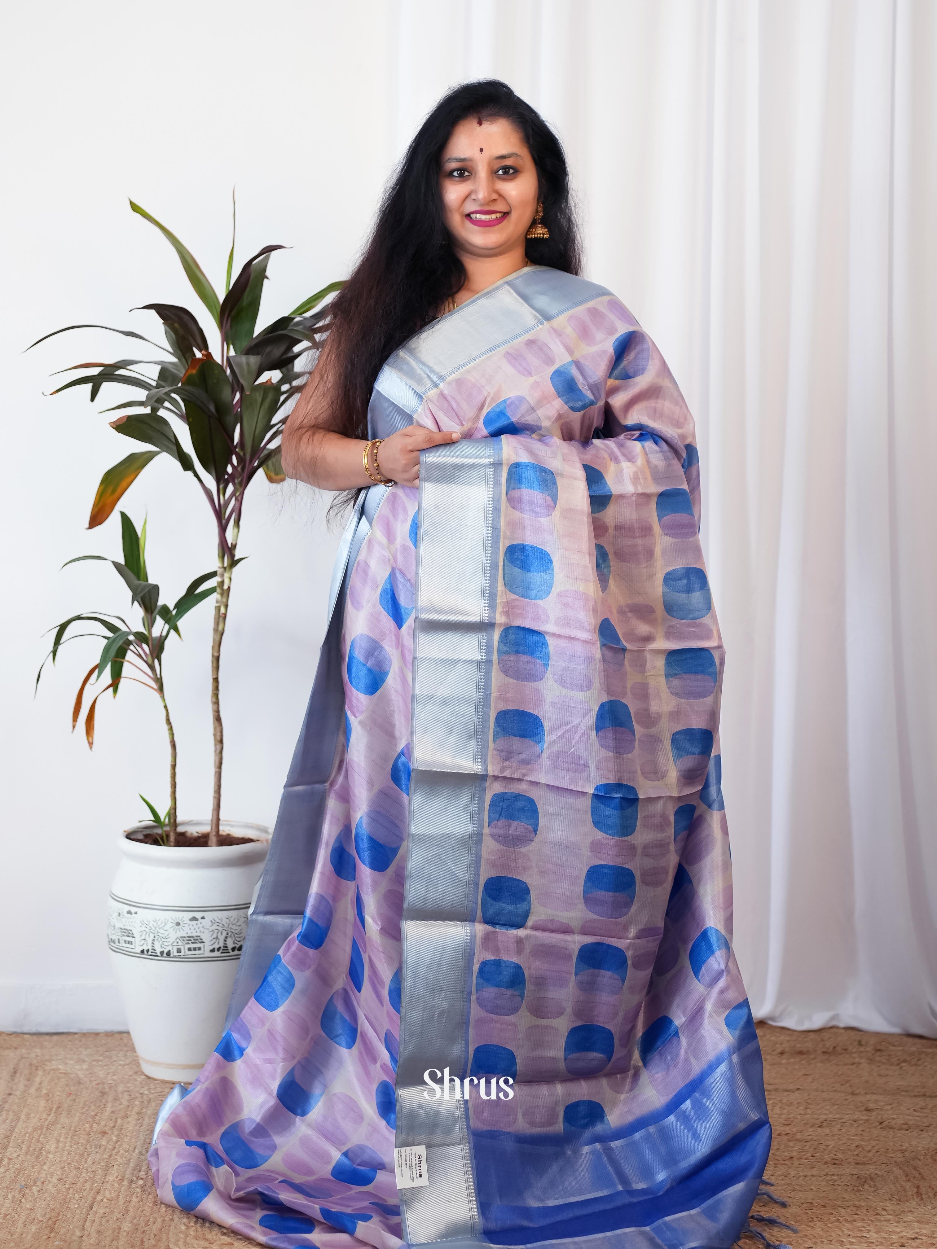 Purple & Blue - Printed Tussar Saree - Shop on Shrus.com