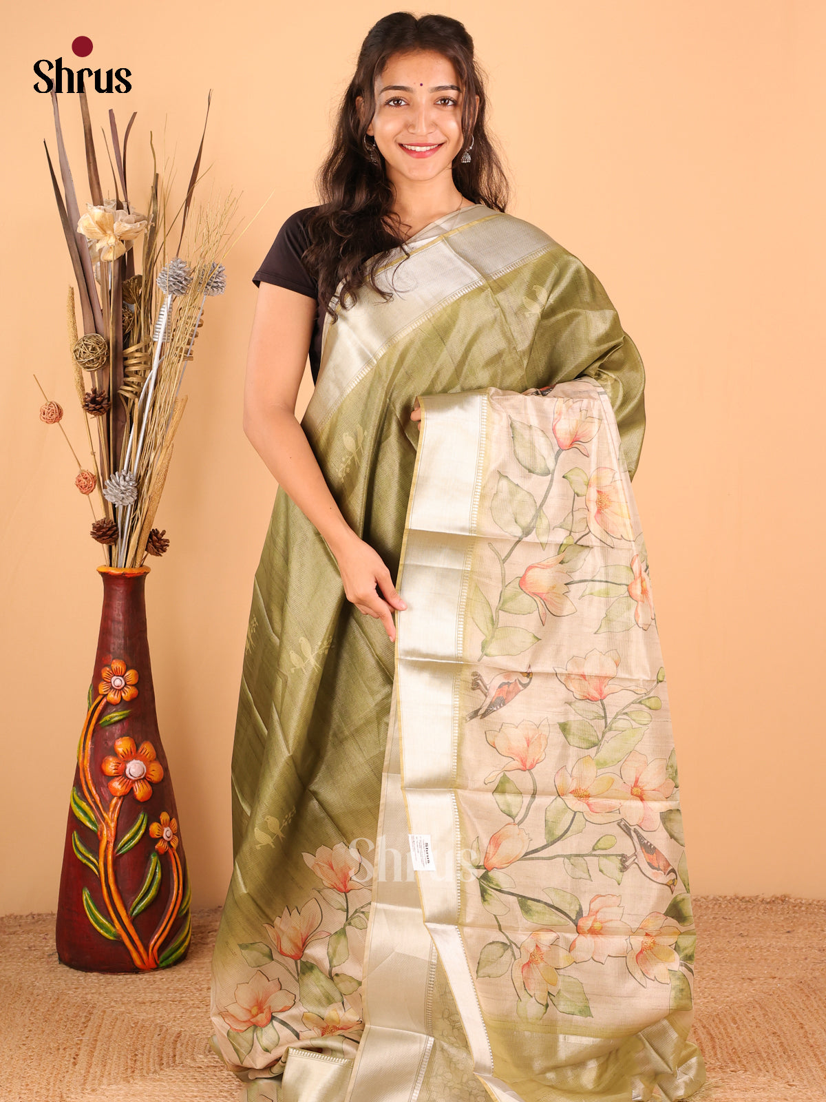 olive green with sandal - Printed Tussar - CIS06418 - Shop on Shrus.com