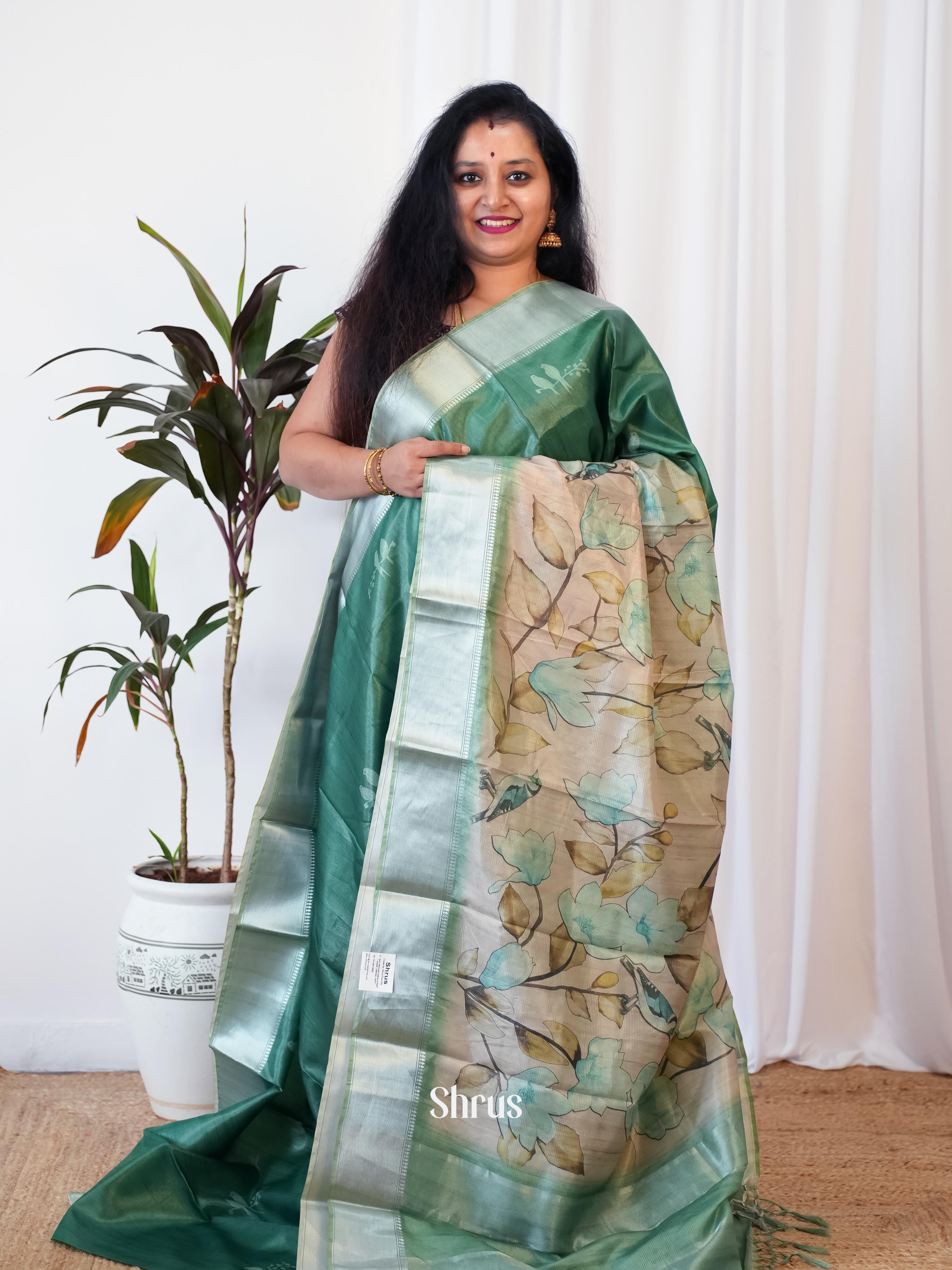 Green & Cream - Printed Tussar Saree - Shop on Shrus.com